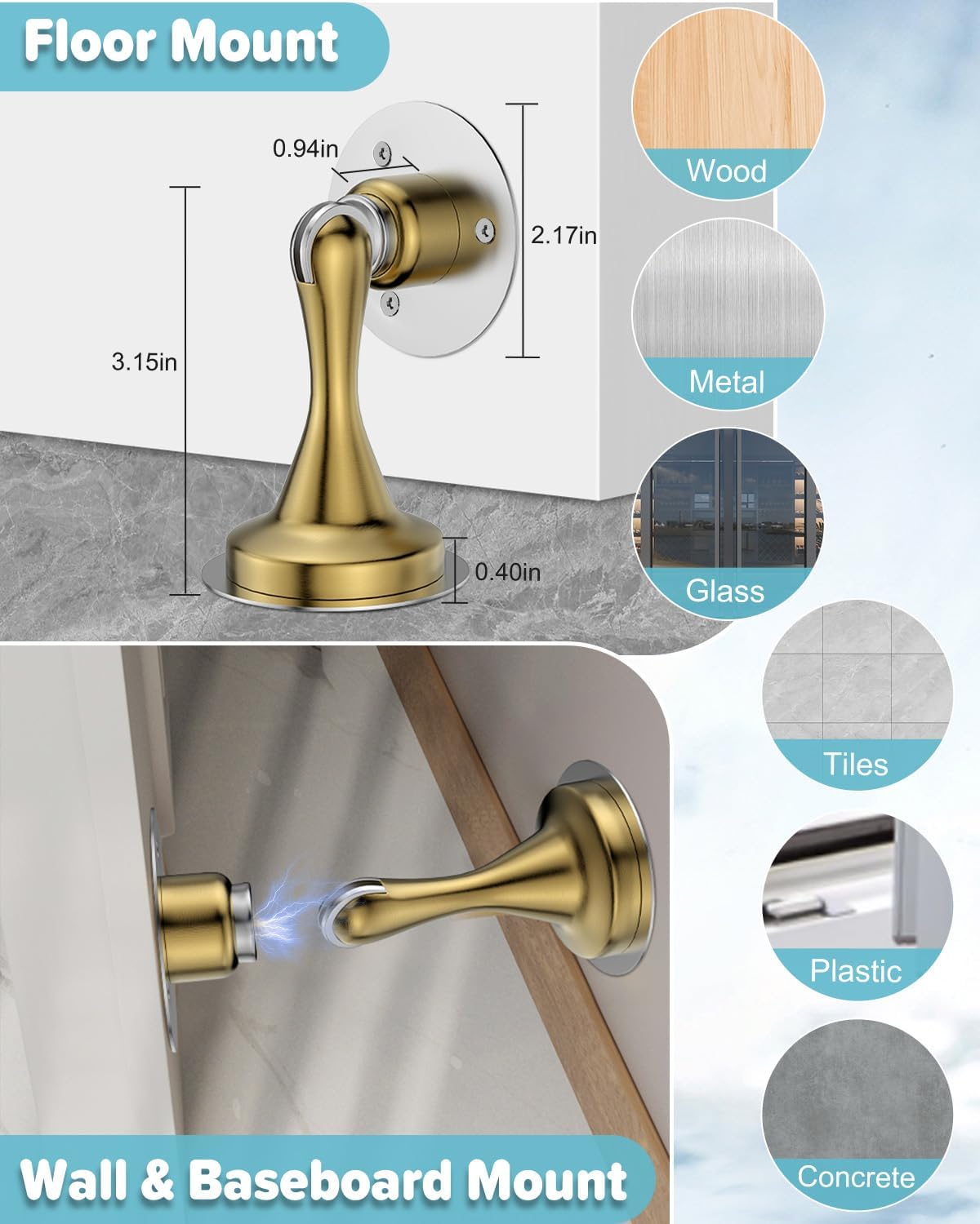 Door Stoppers Magnetic Door Catch - 6 Pack Stainless Steel Heavy Duty Door Stops for Bottom of Door, Wall & Floor Mounting No-Drill Strong Adhesive & Screws, Strong Door Holder to Keep Door Open,Gold