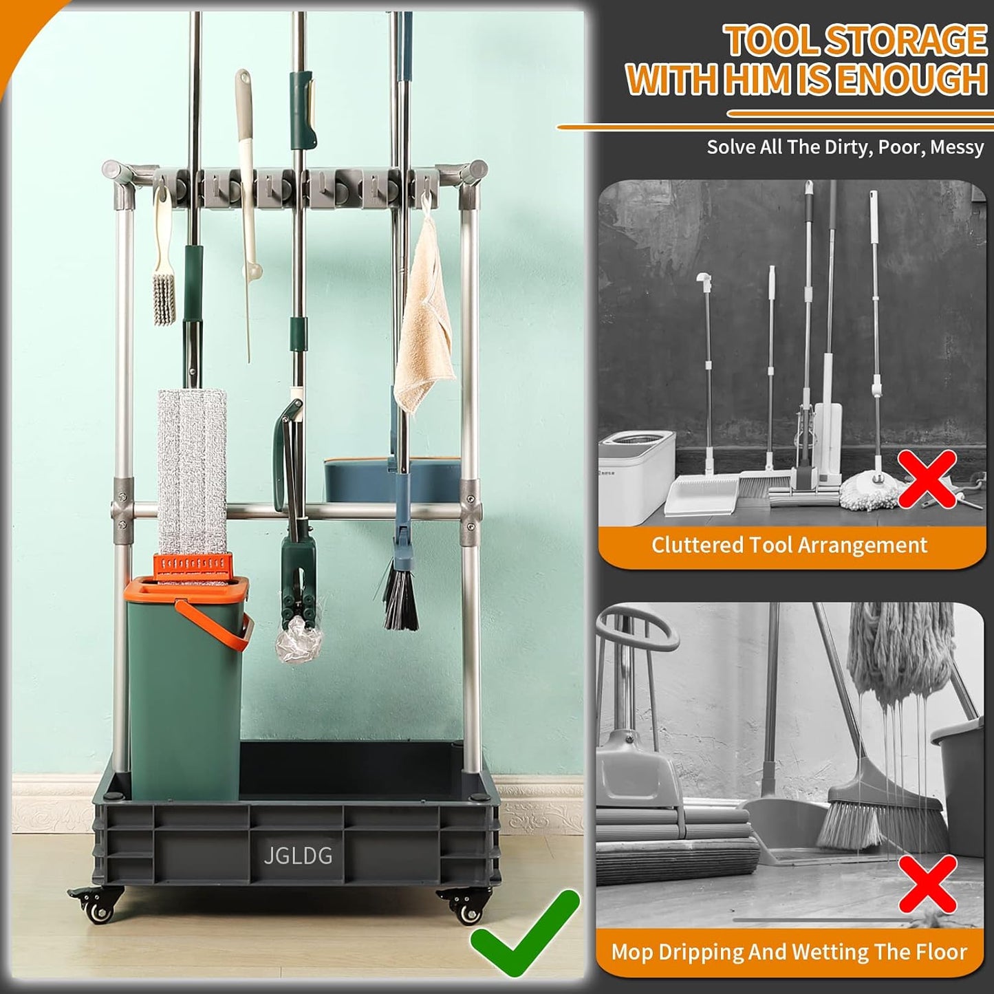 Broom mop Holder Cleaning Supplies Organizer Janitor carts on Wheels Housekeeping Station Storage Tools for Garage, Garden, Closet, Cabinet