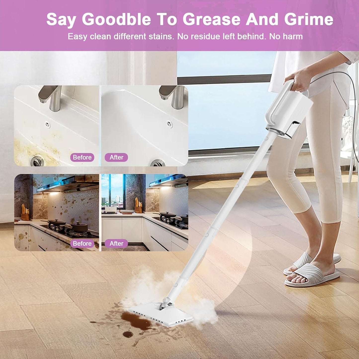 Steam Mop Cleaner, 7 in 1 Rotated Steam Cleaner for Home, Adjustable 2 Modes Steam Mop with 23FT Power Cable and 400ML Removable Tank, Hard Floor, Laminate Floor, Tiles Cleaning (Tea White)