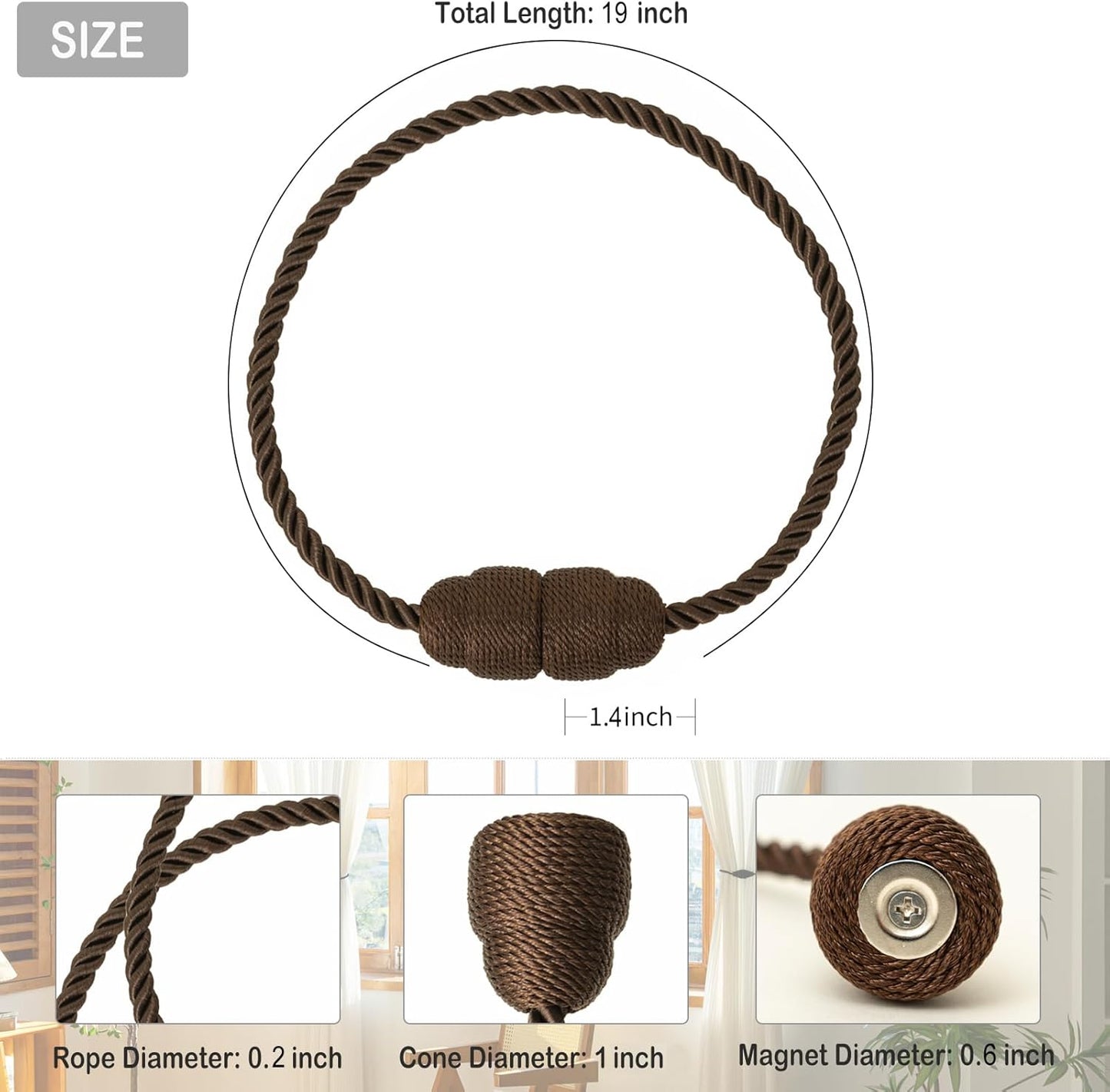 Magnetic Curtain Tiebacks Rope Curtain Tie Backs for Curtains 8 Pack Curtain Holders for Drapes Decorative Window Curtain Holdbacks, Coffee