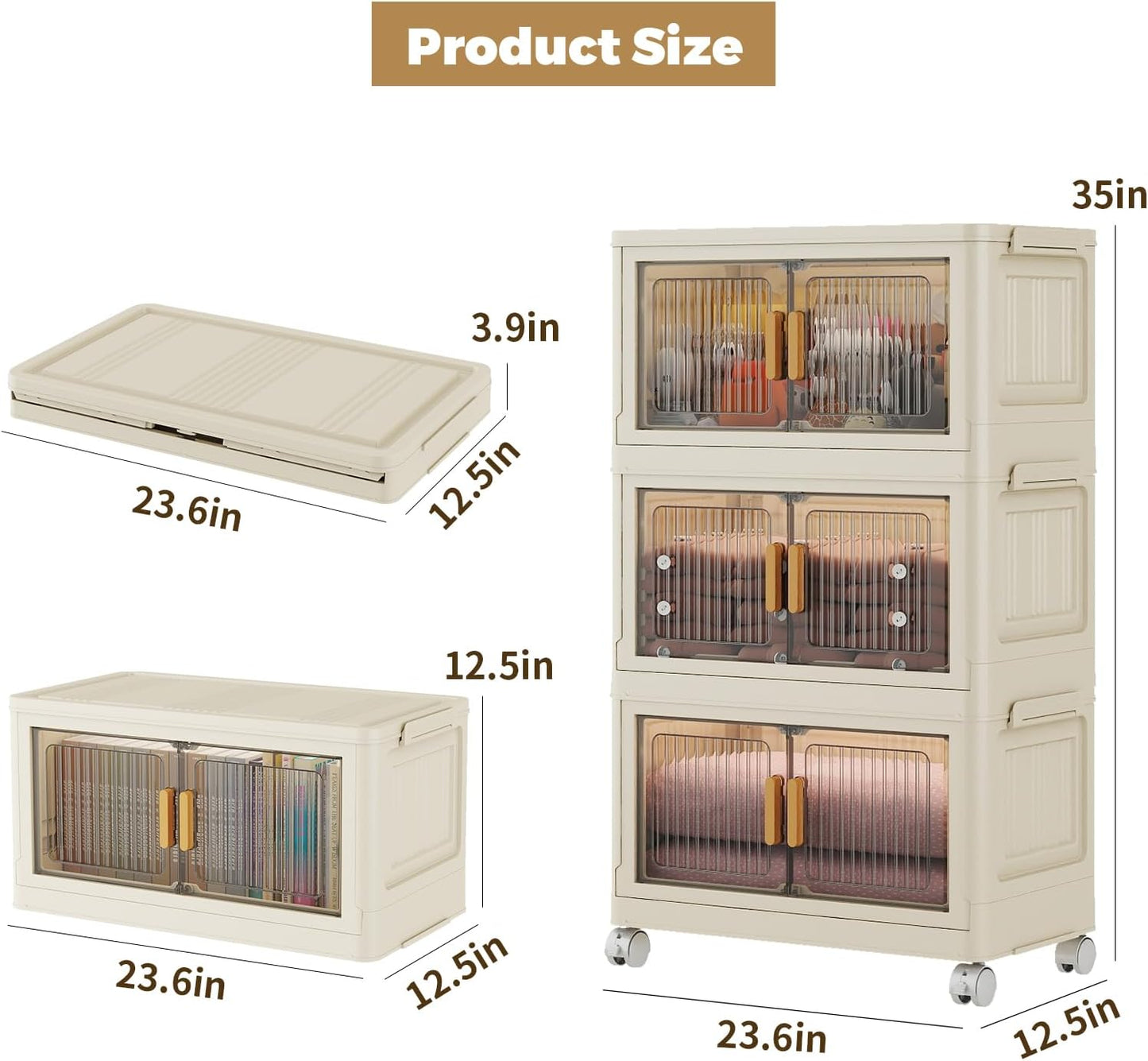 3 Tier Stackable Plastic Storage Bins with Lids 58QT, Collapsible Closet Organizers and Storage with Wheels for Living Room,Office,Dorm