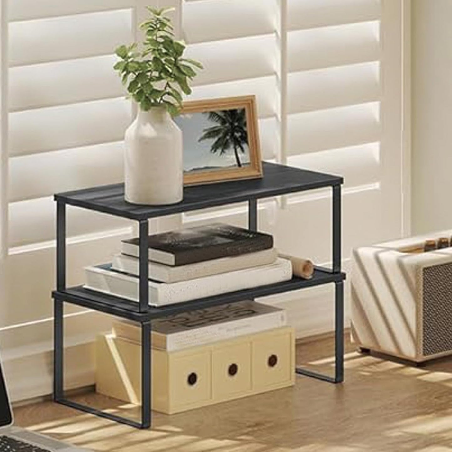 Cabinet Organizer Shelf, Kitchen Counter Storage, 2-Piece Set, Stackable Spice Rack, Metal and Wood (Black and Charcoal Black)