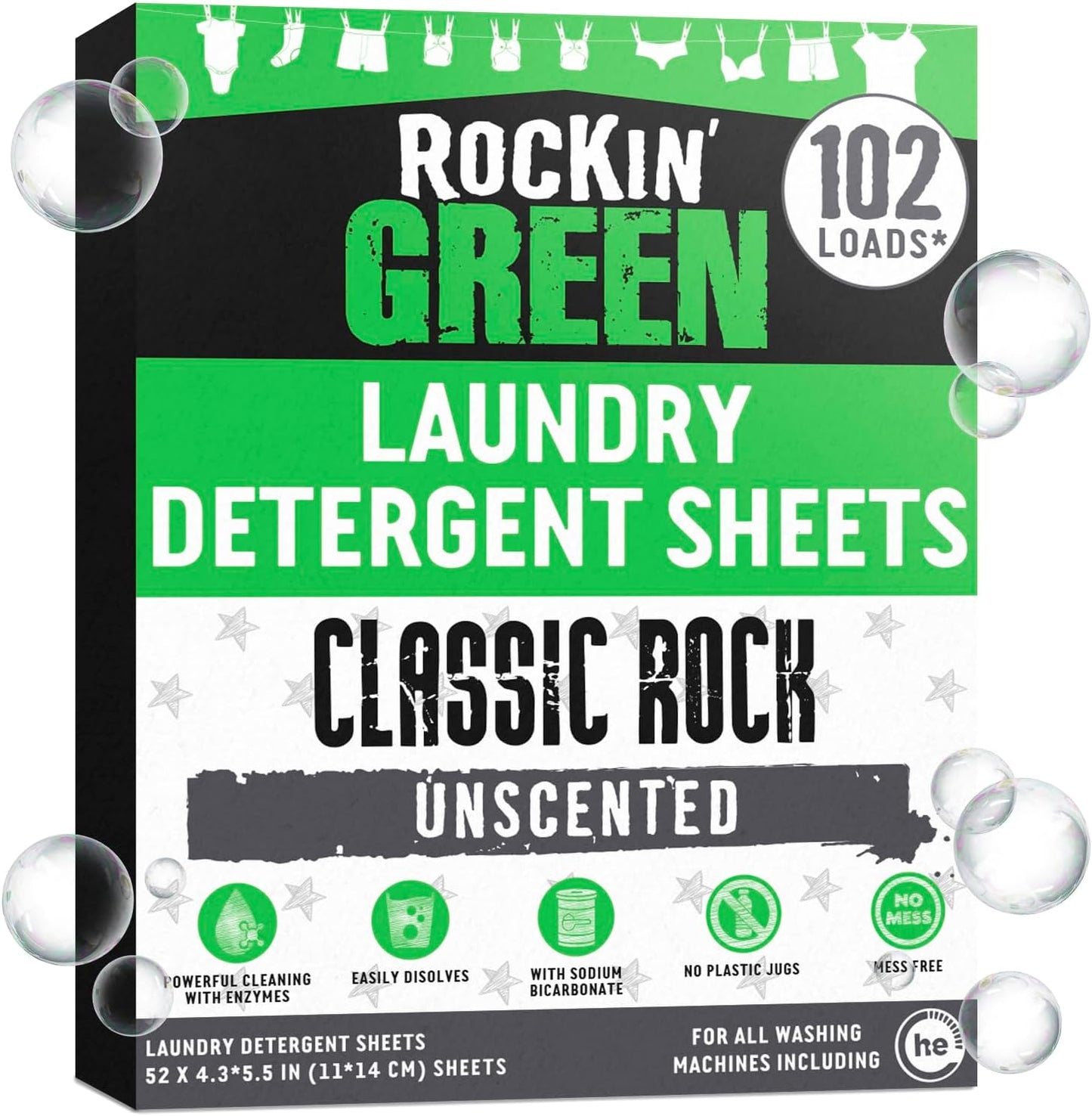 Rockin' Green Travel Laundry Detergent Sheets Unscented - Mess-Free Laundry Sheets Detergent Powerful Cleaning with Sodium Bicarbonate - Easily Dissolvable Laundry Soap Sheet (102 Loads, Unscented)