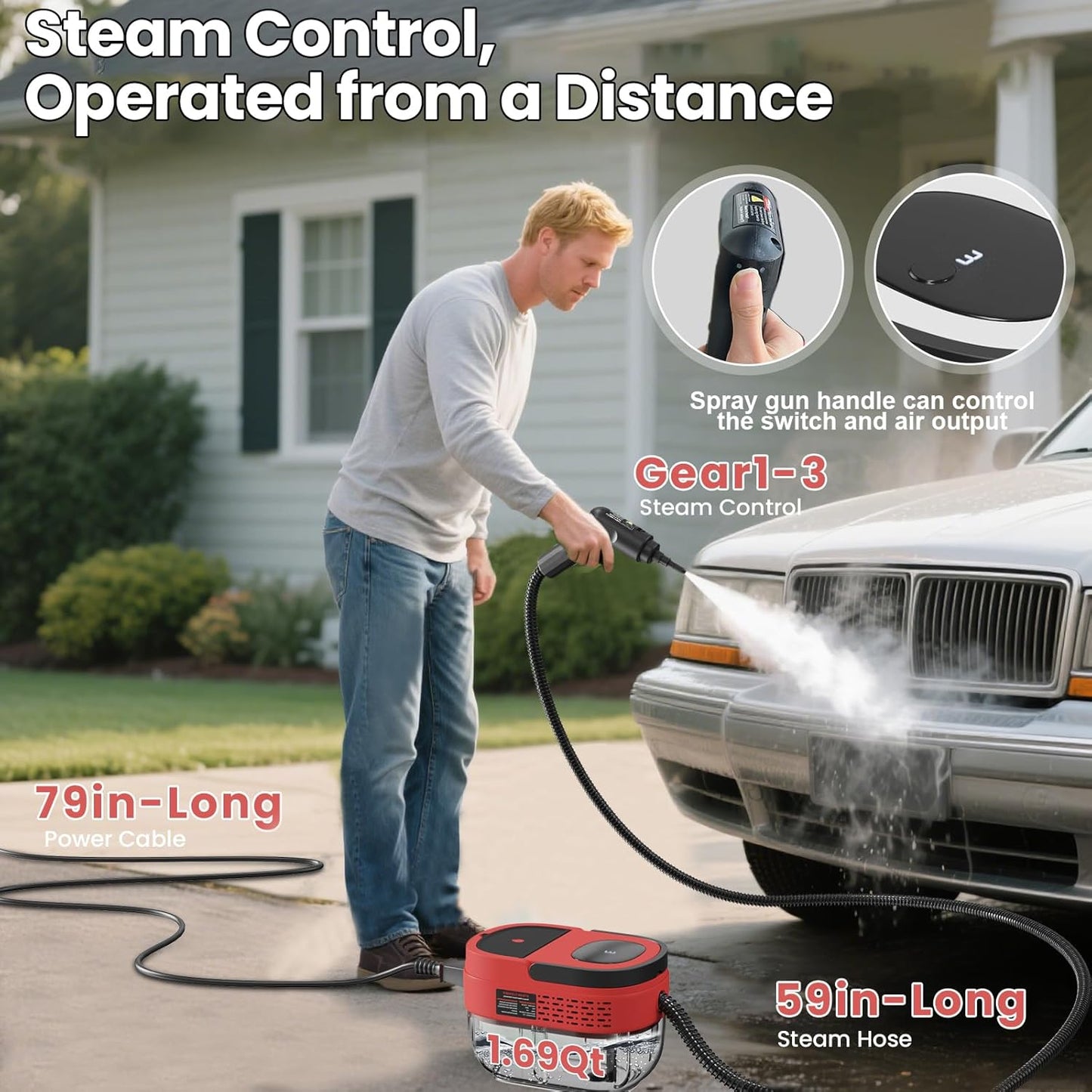 Handheld Steam Cleaner for Home, 2500W High Pressure Steam Cleaner for Car Detailing, 3 Steam Levels, 1600Ml Tank, High Heat Steamer for Bed Bugs, Couch, Furniture, Kitchen, Bathroom, Floors