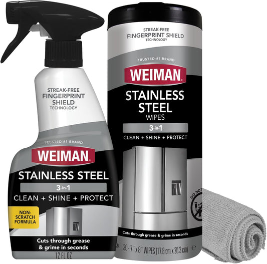 Weiman Stainless Steel Cleaner Kit - Removes Fingerprints, Residue, Water Marks, and Grease