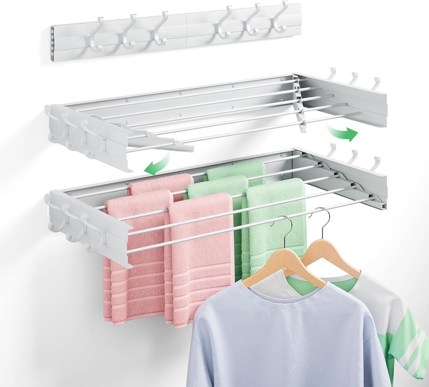BAKON Clothes Drying Rack Wall Mounted 40", Laundry Clothes Drying Rack Collapsible with 6 Towel Hooks and 5 Rods for Hanging Clothes, Space Saving Laundry Rack for Small Space Bathroom Bedroom(40")