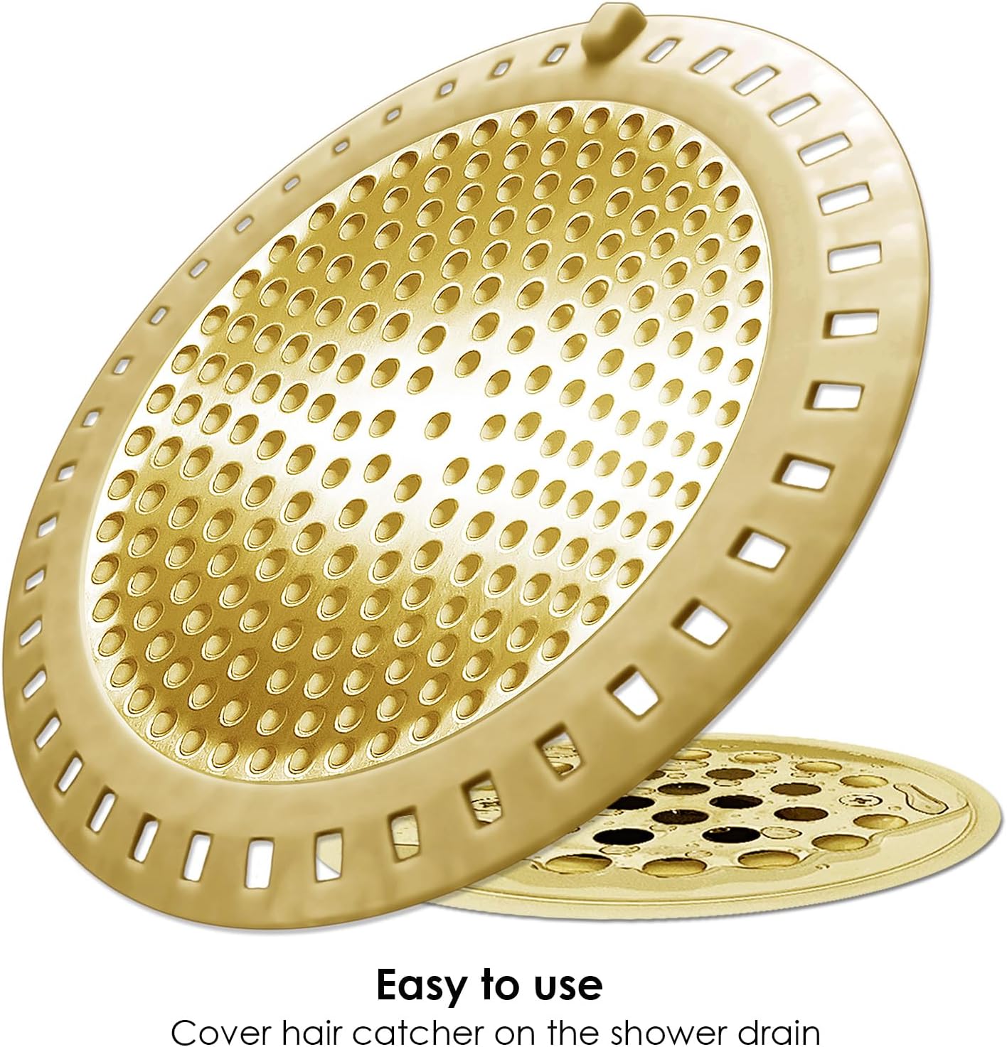 2PCS Hair Catcher Shower Drain/Strainer/Cover/Filter/Trap, Bathtub Drain Cover Hair Catcher, Hair Stopper for Bathroom Sink/Floor Drain, Stainless Steel and Silicone Drain Strainer, Gold