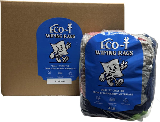 6 x 4 Lb Bags (24 Lbs) Eco-T Mechanic Shop Rags - Colored T-Shirt Material, 100% Recycled, Eco-Friendly, High Absorbency, Low Lint, Low-Cost, Industrial Use Wiping Cloth