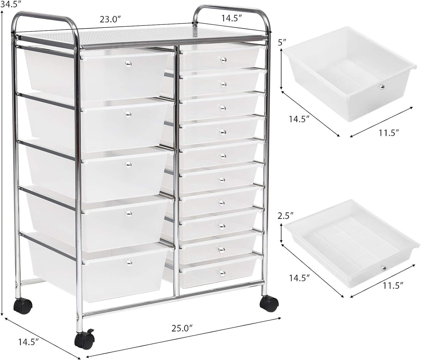 GOFLAME 15-Drawer Rolling Storage Cart, Multipurpose Movable Organizer, Utility Cart for Home, Office, School, Clear