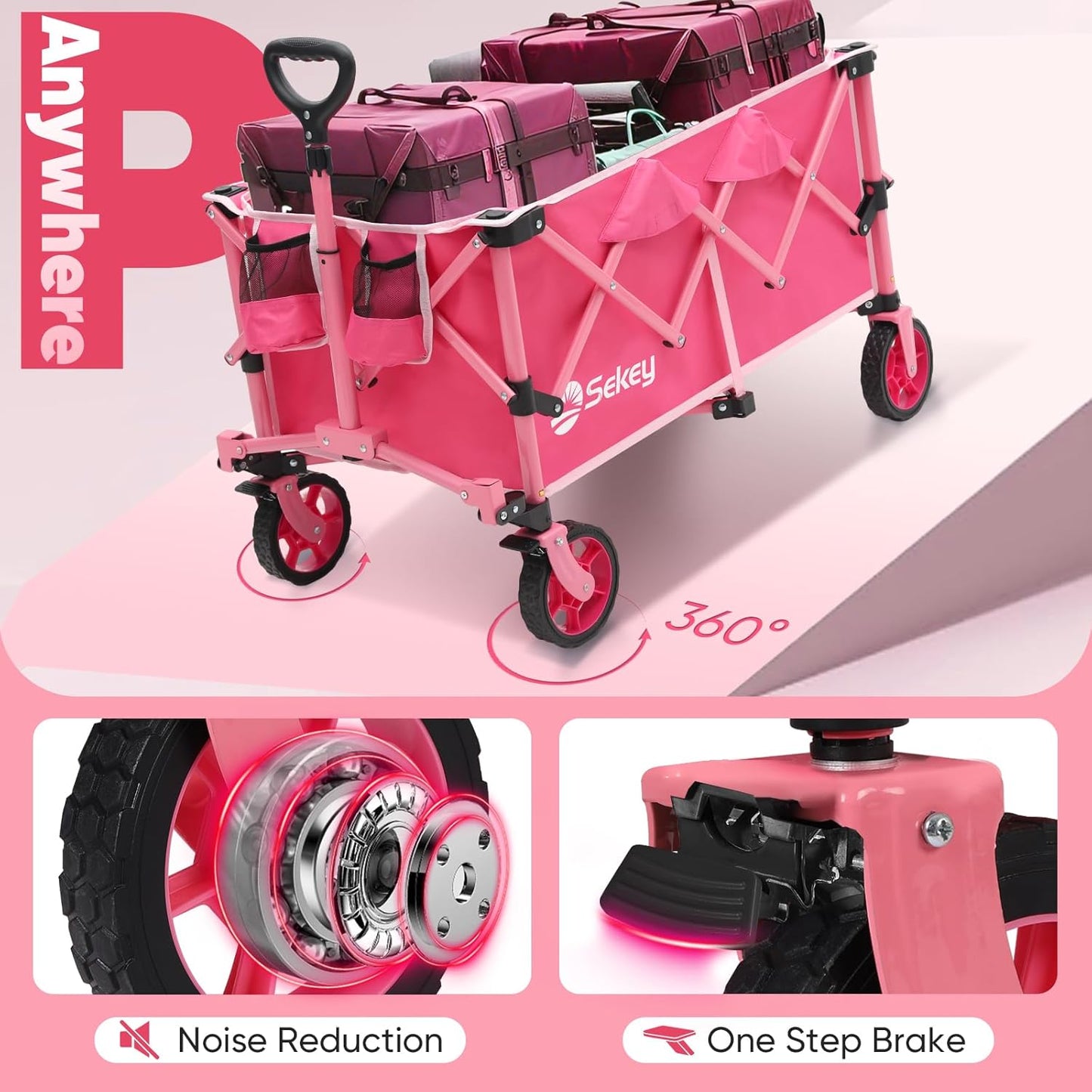 Sekey Pink Collapsible Foldable Wagon with 330lbs Weight Capacity, Heavy Duty Folding Wagon Cart with Big All-Terrain Wheels & Drink Holders. Pink