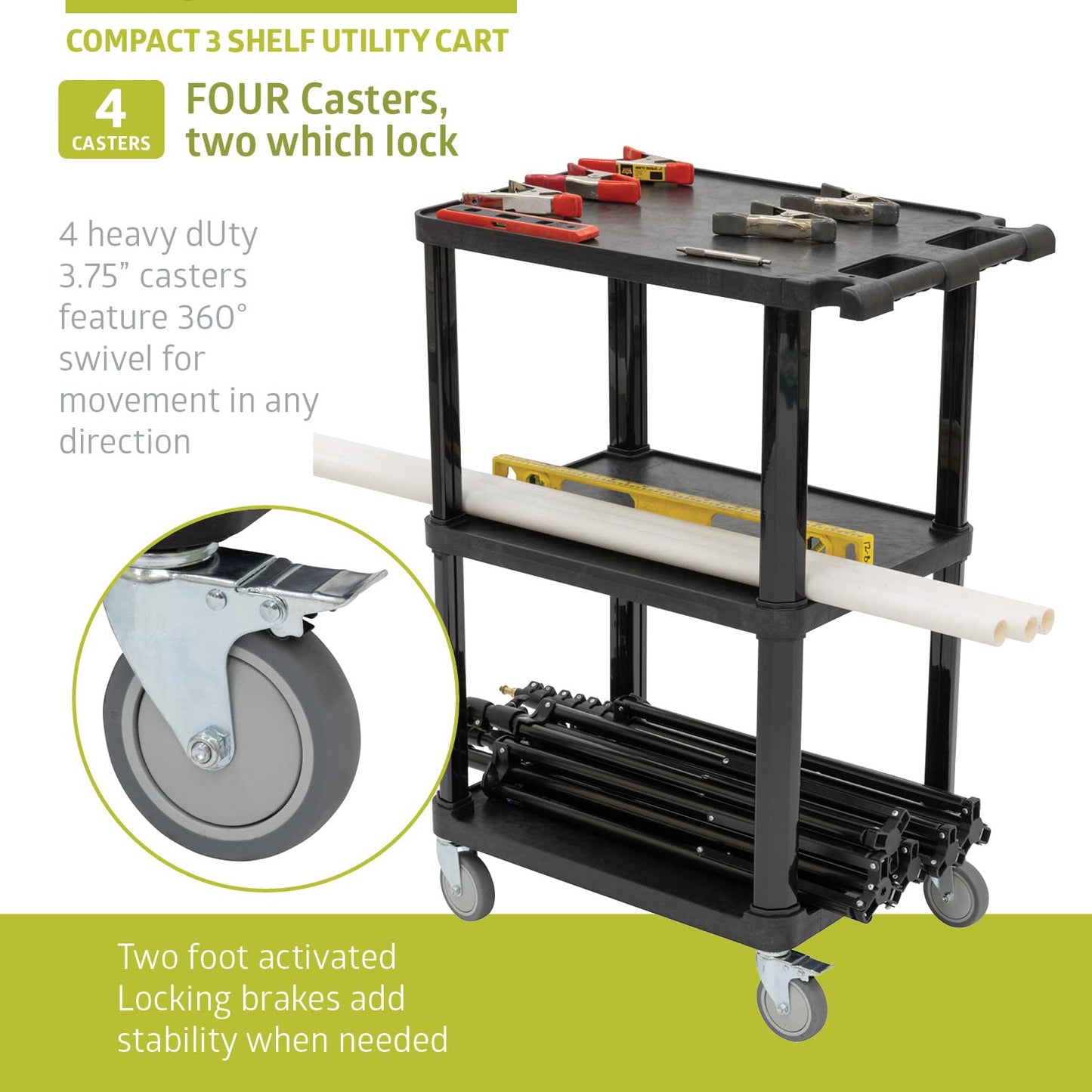 Pearington 3-Tier Compact Multi-Purpose Plastic Utility Cart with Lockable Wheels up to 300LBS, Black