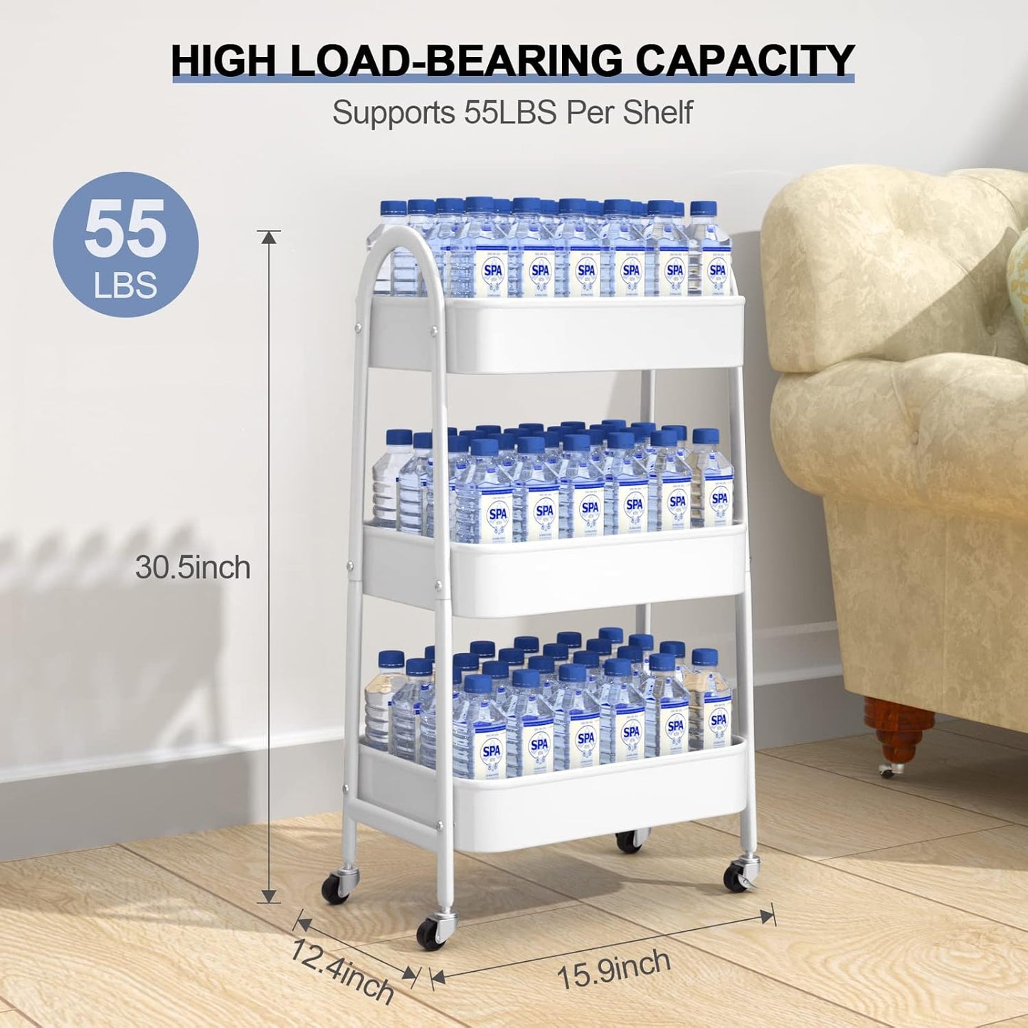 EAGMAK 3 Tier Utility Rolling Cart, Metal Storage Cart with Handle and Lockable Wheels, Multifunctional Storage Organizer Trolley with Mesh Baskets for Kitchen, Living Room, Office, Garage (White)