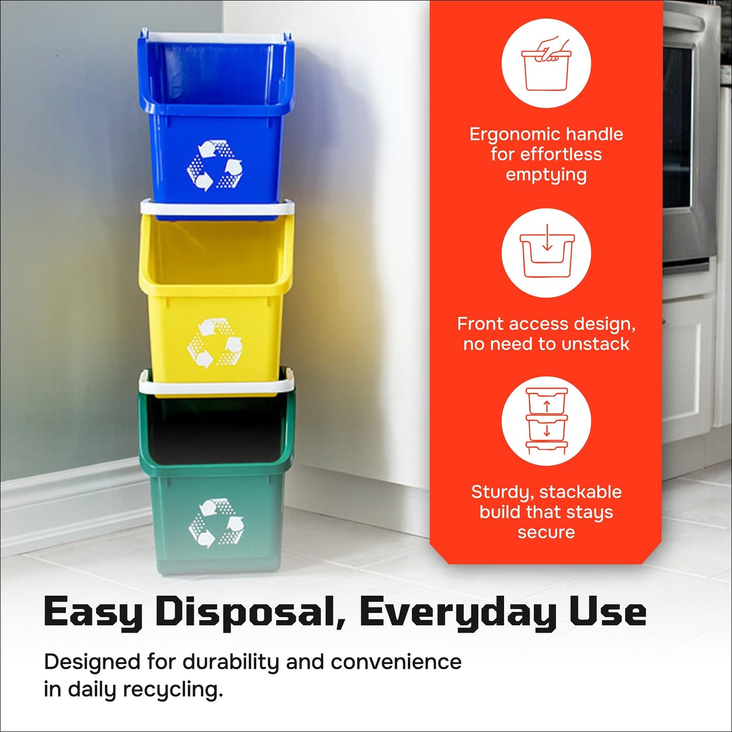 Multi Bin Recycling System with Three Stackable 6 Gallon Recycle Bins to Build Your Recycling Center for Offices, Kitchen, Garages, Businesses (3 Pack, Blue/Yellow/Red)