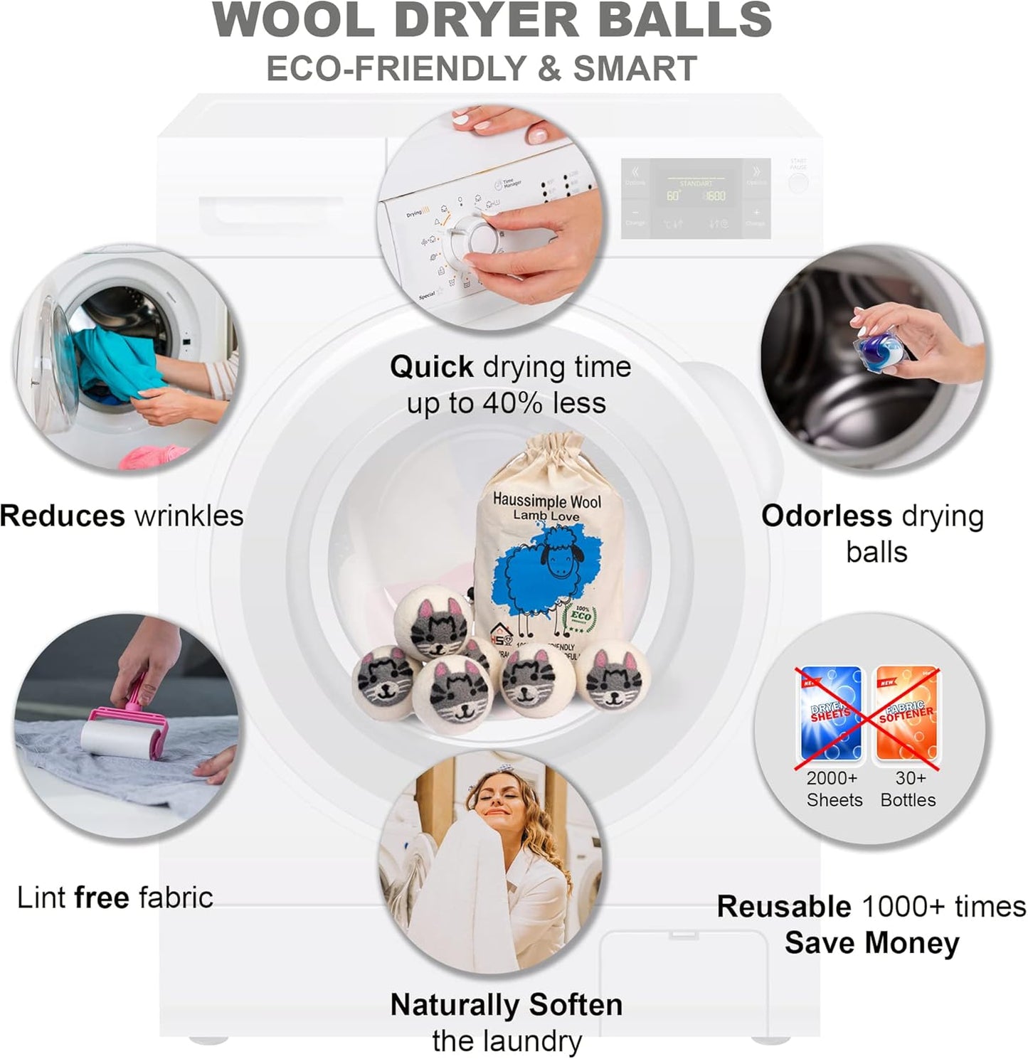 Wool Dryer Balls Organic Felt 6 Pack Laundry Fabric Softener, Extra Large Reusable Handmade Natural Sheep Wool Lint Wrinkle Free Anti Static Baby Safe (Cat)