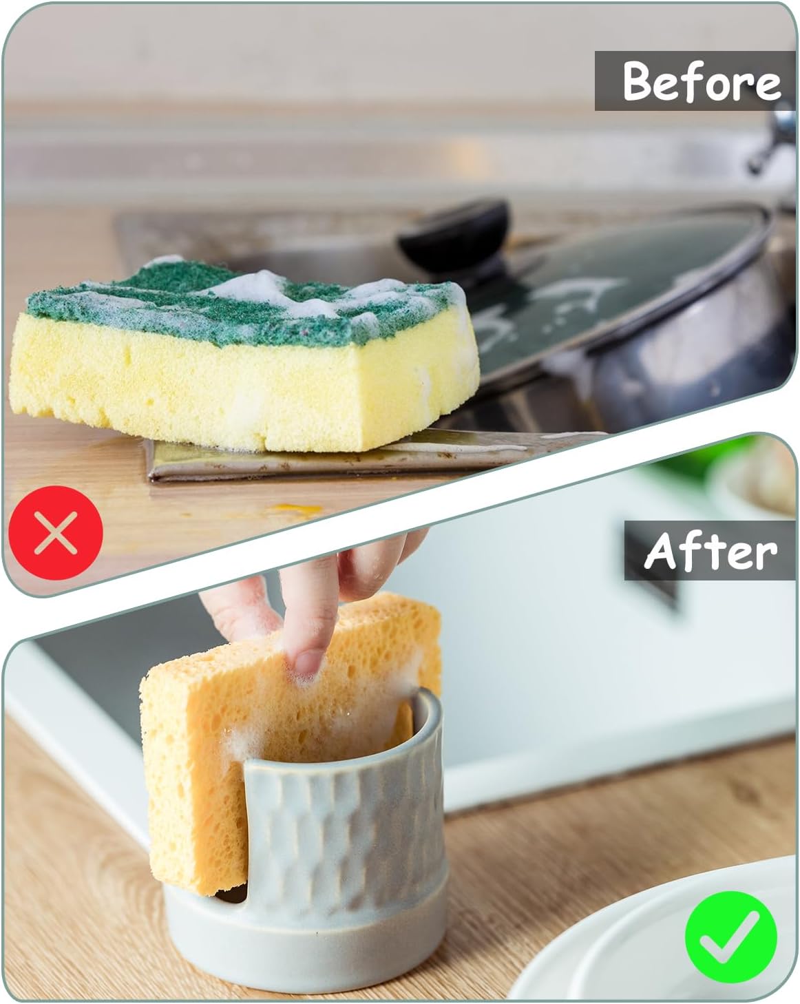 Sponge Holder for Kitchen Sink Counter, Dish Sponge Dish Rack Ceramic Brush Holder Farmhouse Kitchen Accessories for Scrub, Blue