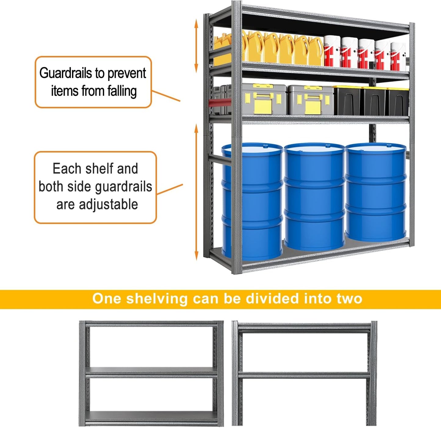 Storage Shelf 5-Tier Garage Shelving, Industrial Shelving with Guardrails, 2500LB Boltless Metal Shelves Heavy Duty for Storage Room, Warehouse, 18" D x 47.2" W x 72" H, Iron Black