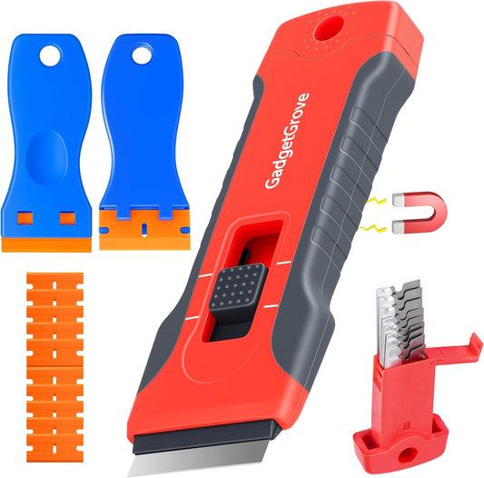 Upgraded Razor Blade Scraper with 2 Pcs Plastic Scraper, Scraper Tool for Cooktop, Oven, Stove, Labels Decal, Plastic Razor Blades for Cleaning Glass Window, Razor Scraper Buit-In Blade torage, Gray