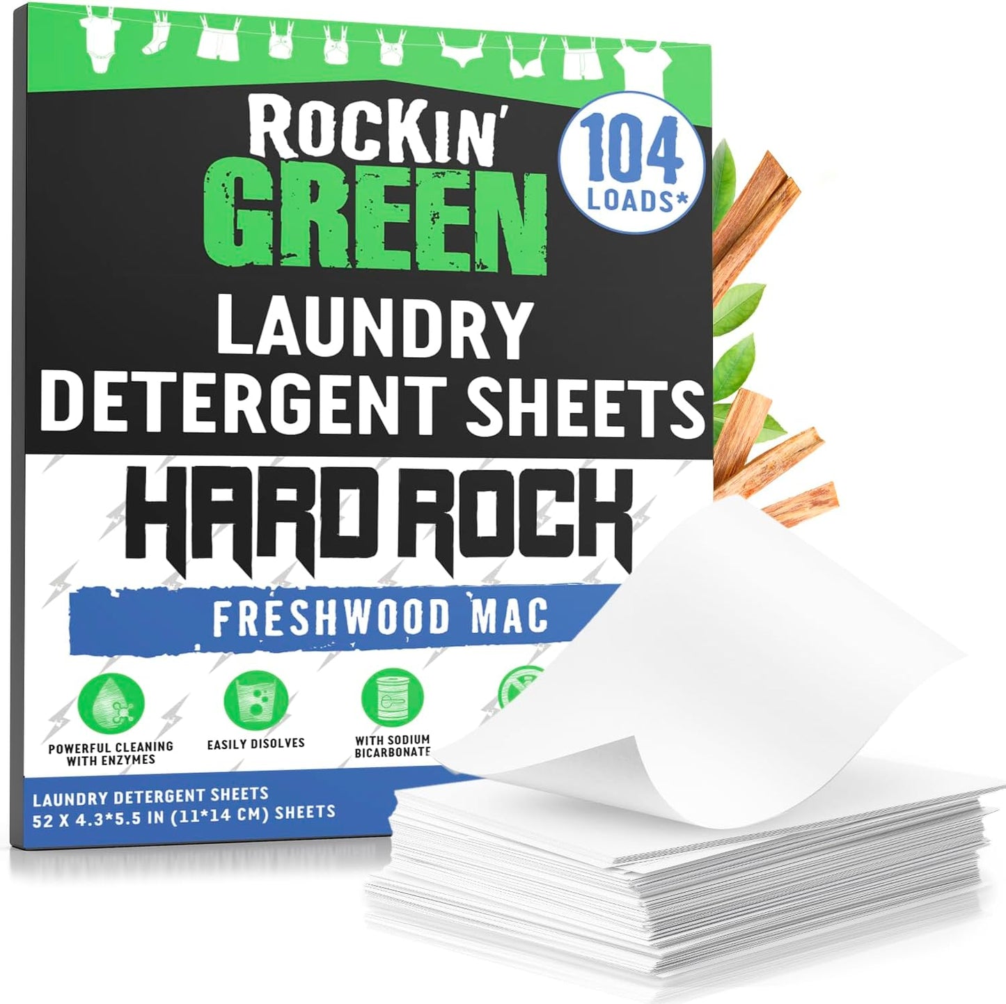 Rockin' Green Hard Rock Travel Laundry Detergent Sheets for Hard Water - Mess-Free Laundry Sheet Detergent with Sodium Bicarbonate - Easily Dissolvable Laundry Soap Sheets (104 Loads, Freshwood Mac)