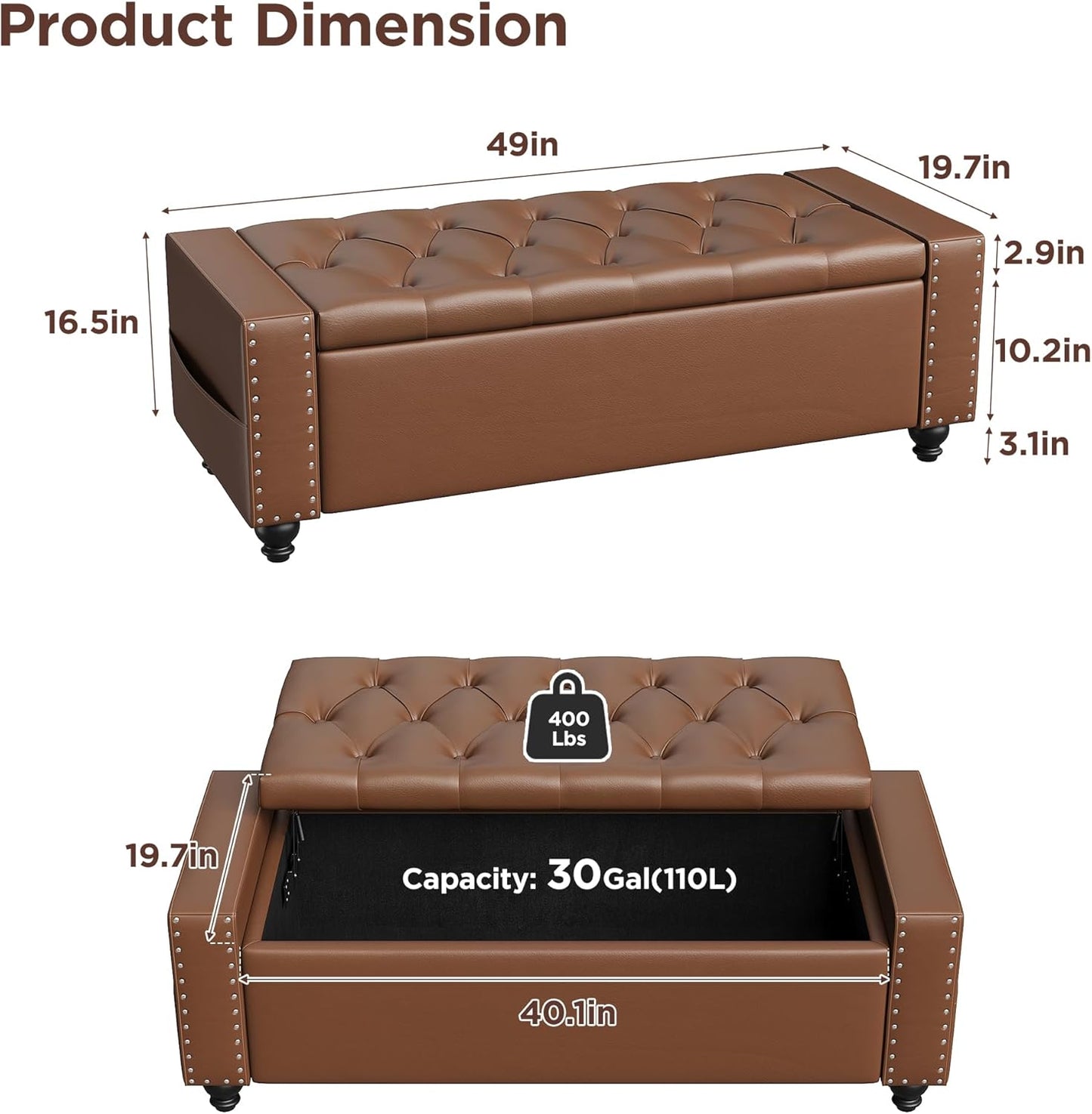 Maupvit Storage Ottoman Bench, 49 Inch Bedroom Bench, Upholstered Ottoman with Storage, Entryway Bench with Tufted Button, Faux Leather Window Bench for Bedroom, Living Room, Entryway, Hallway, Brown