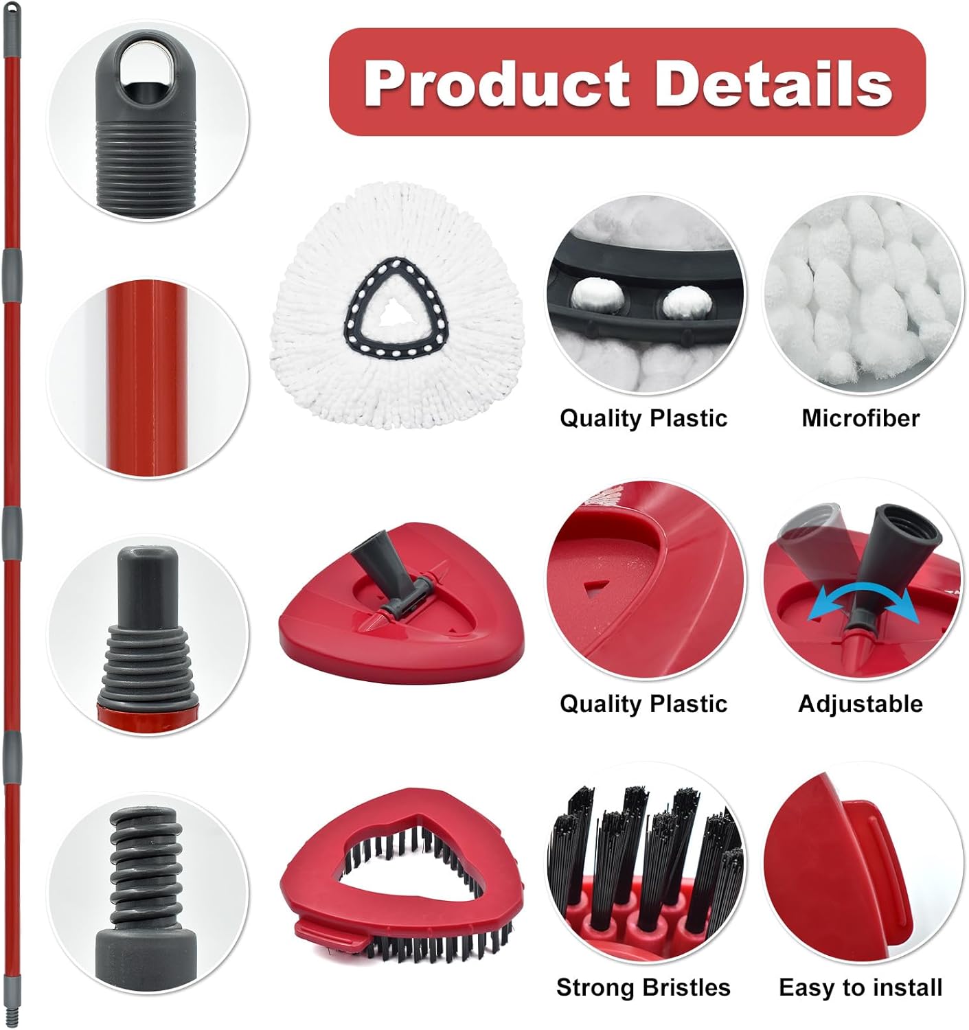 Mop Replace Head Mop Handle for O Cedar Mop, Mop Replacement for Ocedar Spin Mop Includes 2 Mop Heads Replacements 4-Section Mop Handle 1 Mop Base 1 Scrubber Mop Head for O-Cedar Spin Mop