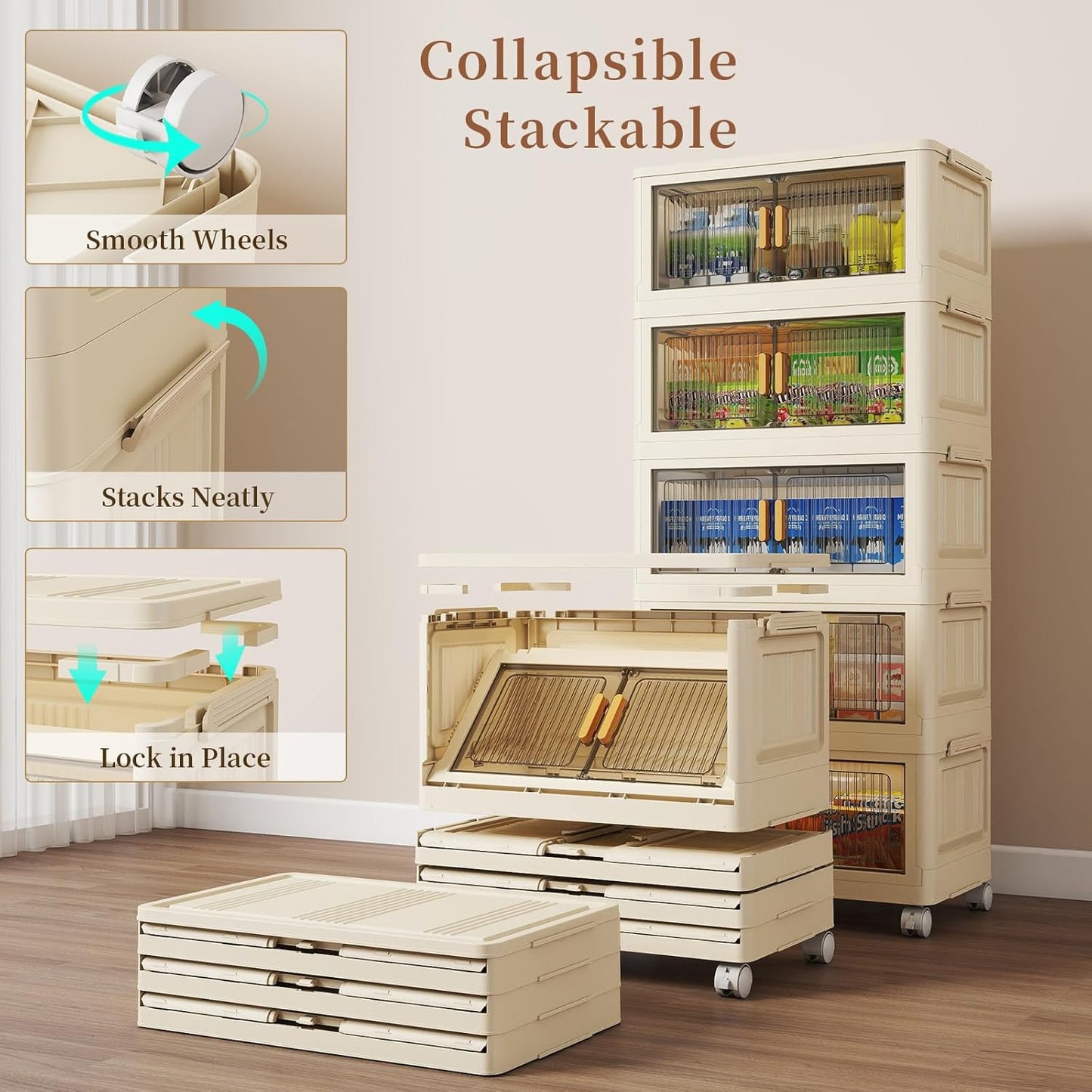 5 Tier Stackable Plastic Storage Bins with Lids 58QT, Collapsible Closet Organizers and Storage with Wheels for Living Room,Office,Dorm