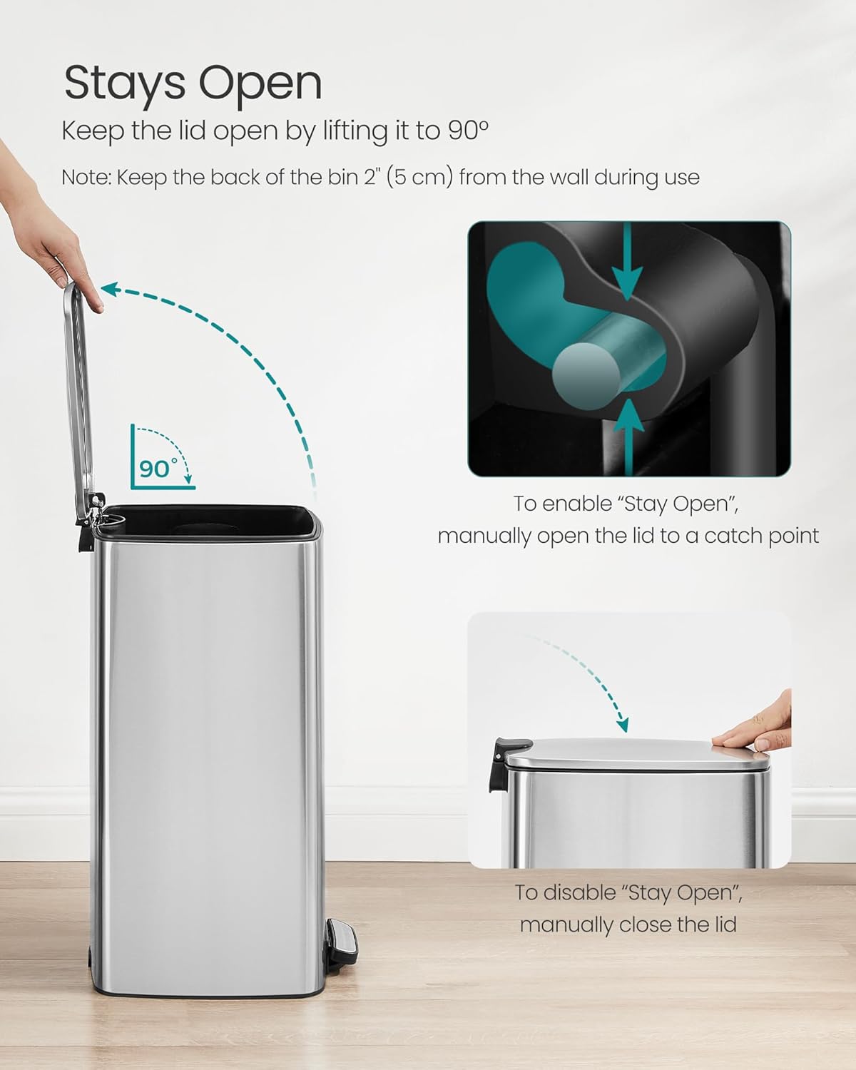 SONGMICS Kitchen Trash Can, 8-Gallon (30 L) Trash Bin, Stainless Steel Garbage Can, with Inner Bucket, Soft Close and Stays Open, Metallic Silver ULTB593E01