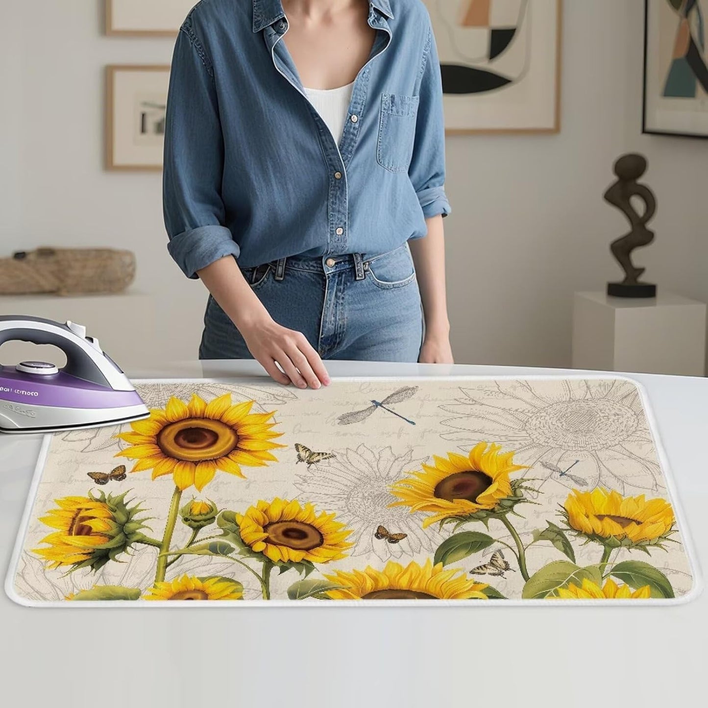 Sunflower Ironing Mat Pad for Table Portable Travel Iron Blanket Vintage Ironing Board Covers Tribal Pressing Mat Heat Press Pads 32x16 Inches,Yellow