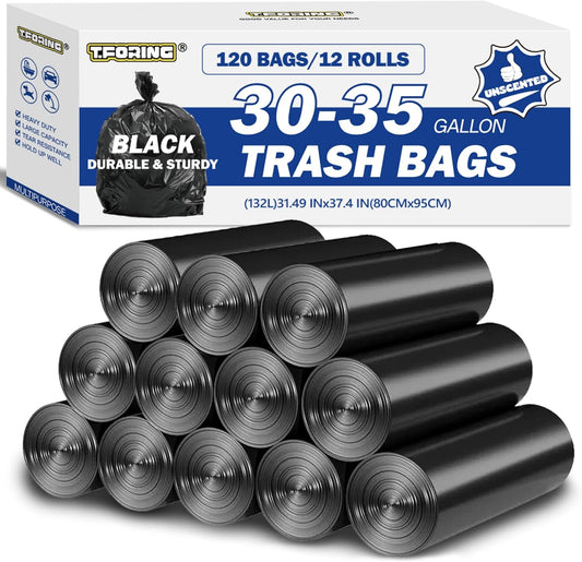 30-35 Gallon Black Trash Bags 120 Count - 32" x 37" Large Garbage Bags, 30+ Gallon Strong Trash Can Liners for Home, Commercial Use,Yard Waste, Bulk