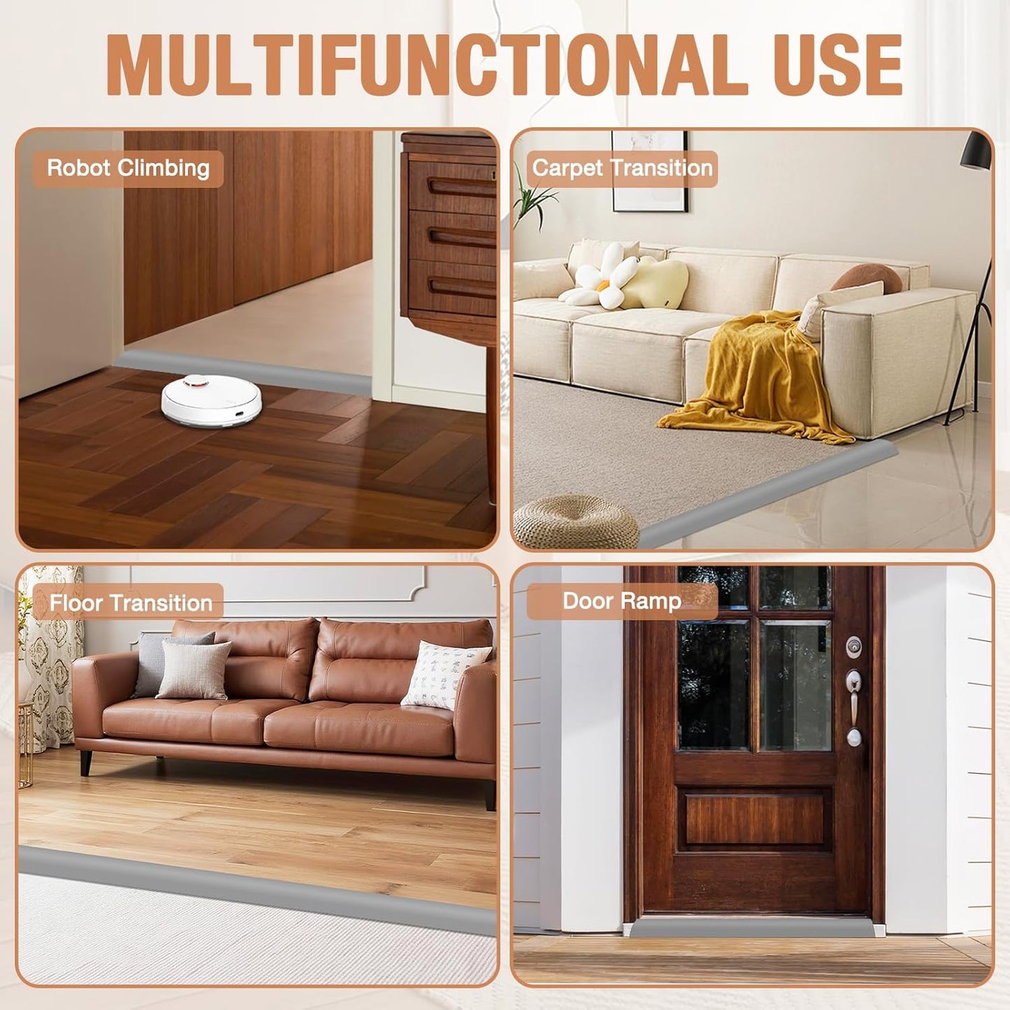 Floor Transition Strip Self Adhesive Vinyl Door Threshold for Doorways Carpet Edging Trim Overlap Edge Reducer for Laminate Floor, Carpet, Tile (Gray, 3/5" to 4/5", 3.3Ft)