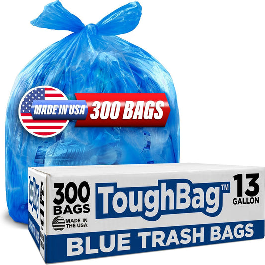 ToughBag 13 Gallon Recycling Bags, Blue Trash Bags (300 COUNT) - Blue Recycle Bags, Recycle Trash Bags 13 Gallon Tall Kitchen - Made in USA