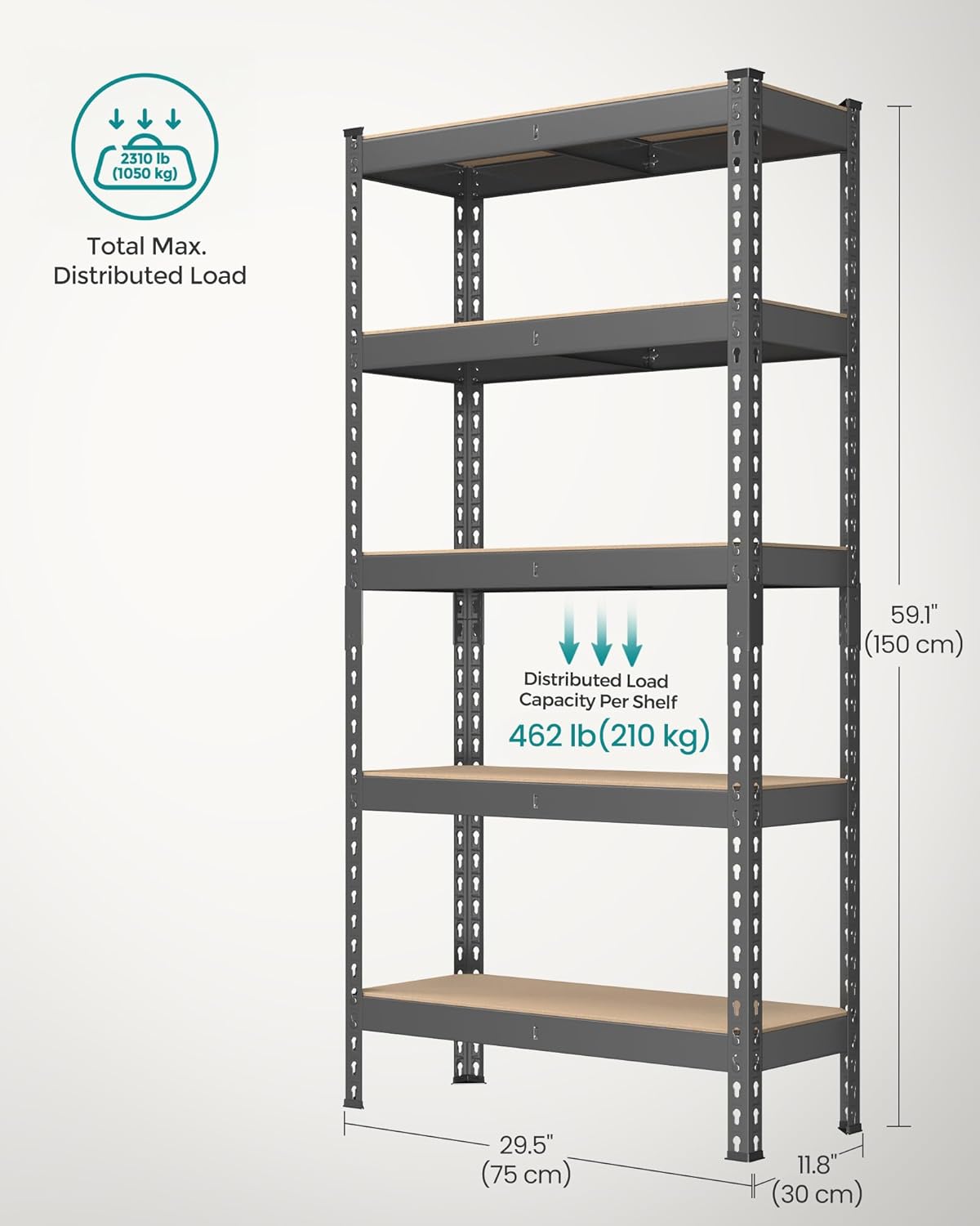 SONGMICS 5-Tier Storage Shelves, Load 2310 lb, Set of 2 Garage Storage, Boltless Assembly, Adjustable Shelving Unit, 11.8 x 29.5 x 59.1 Inches, for Study Shed Basement, Gray UGLR300G02