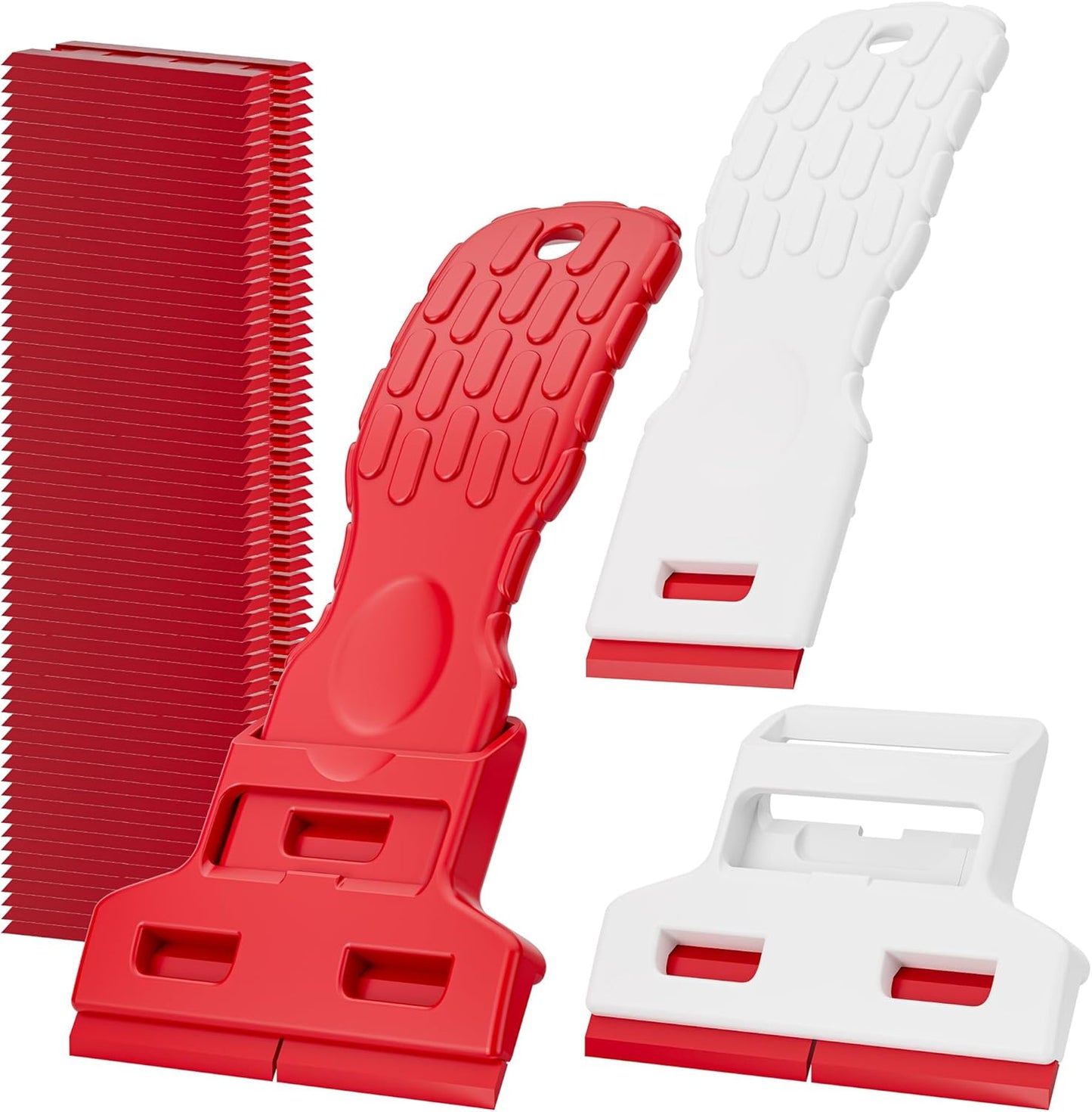 Dual-Width Plastic Razor Blade Scraper Tool Non Scratch - 2-Pack With 100 Blades, Single Or Double Wide Head, Removes Stickers, Labels, Decals, Adhesive & Paint On Glass, Cooktops, Car Windows & Tiles