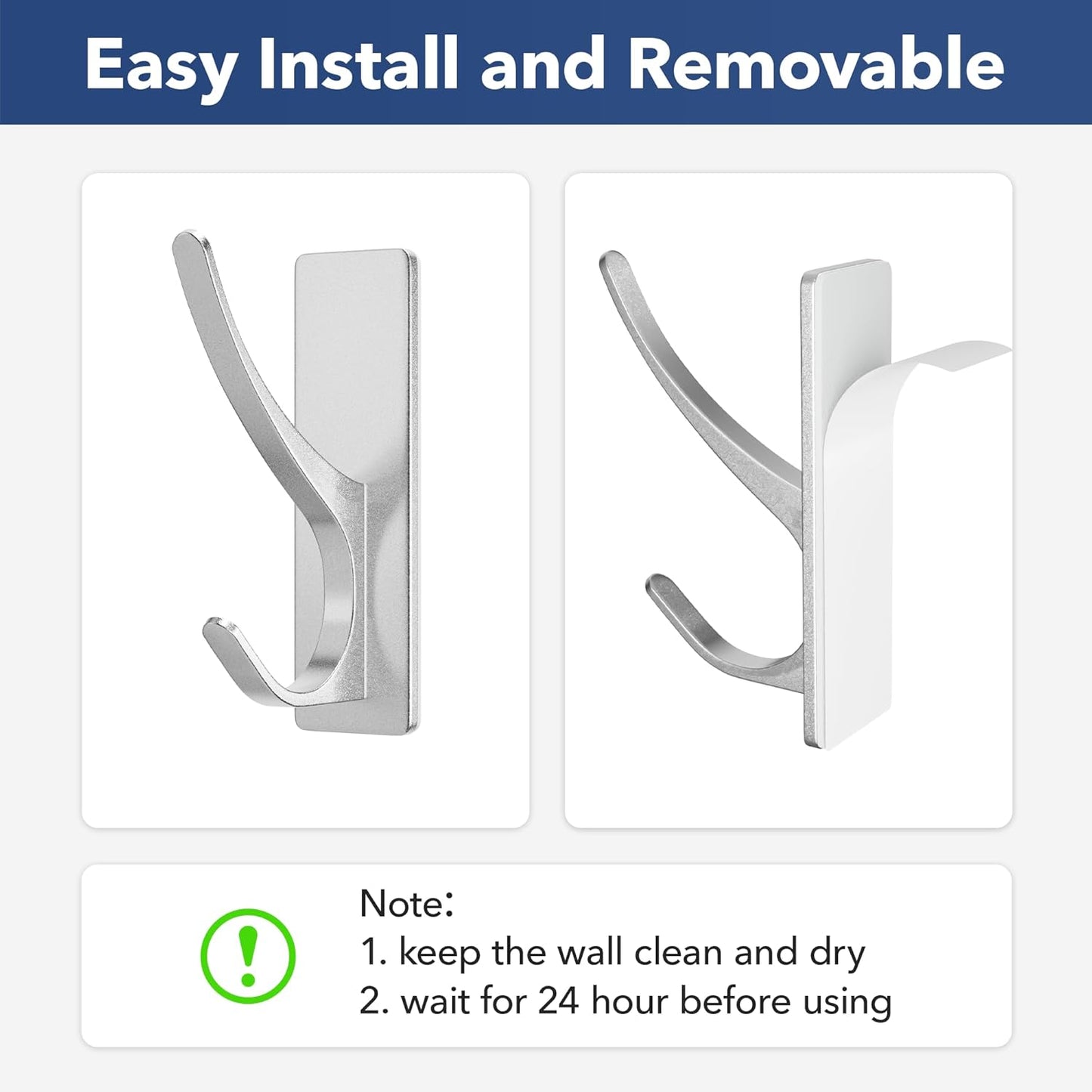 Self-Adhesive Coat Hooks for Hanging - Heavy Duty Stainless Double Wall Hook for Towel, Backpack, Hat, Sturdy Metal Hanger for Bathroom, Bedroom, Door, Wall Mounted, 4-Pack, Silver, New