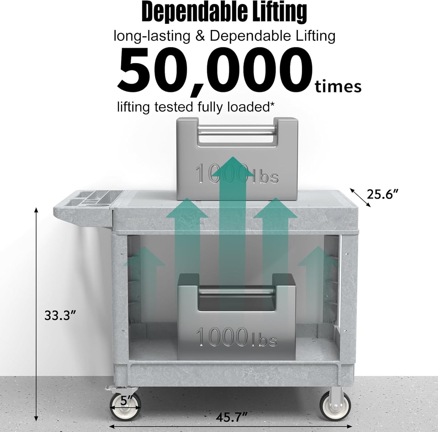 Utility Cart on Wheels, Heavy Duty Large Flat Top Rolling Service Cart, 46 x 25 Inch Work Carts, 2 Shelf 1000 lbs Capacity Plastic Tool Cart, for Warehouse, Garage, Cleaning, Gray