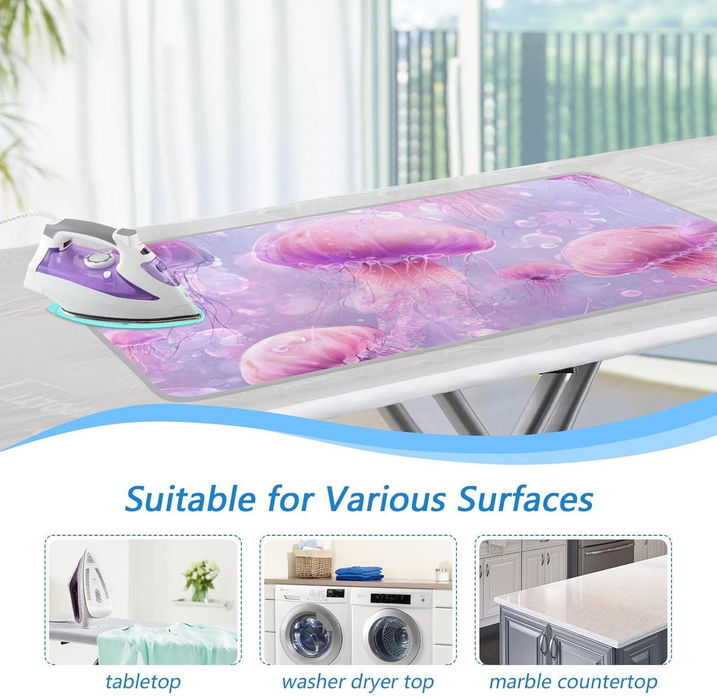 Pink Cute Jellyfishes and Bubbles Ironing Mat for Table top Portable Ironing Pad Blanket for Washer Dryer Countertop Travel