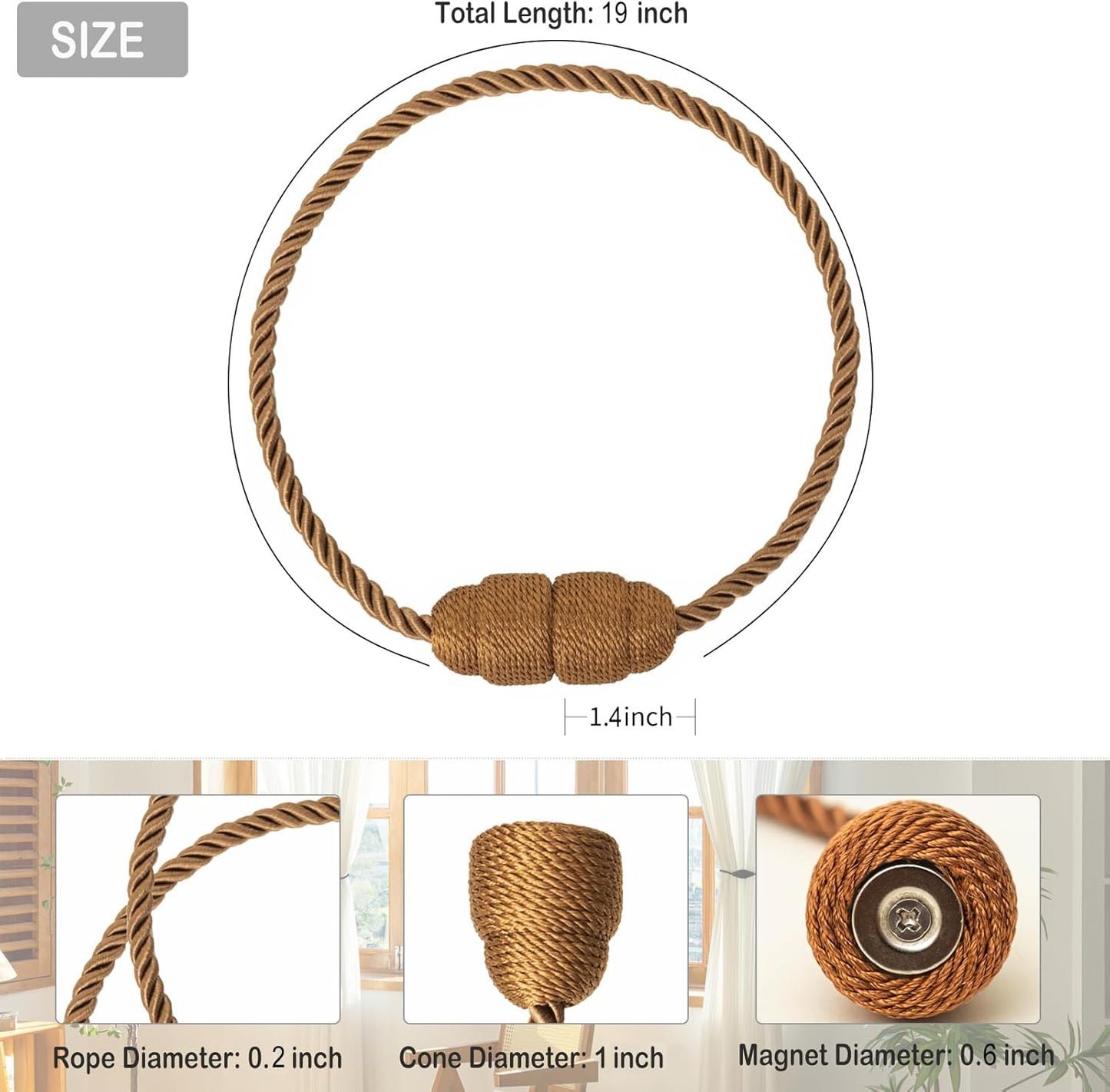 Magnetic Curtain Tiebacks Rope Curtain Tie Backs for Curtains 4 Pack Curtain Holders for Drapes Decorative Window Curtain Holdbacks, Khaki