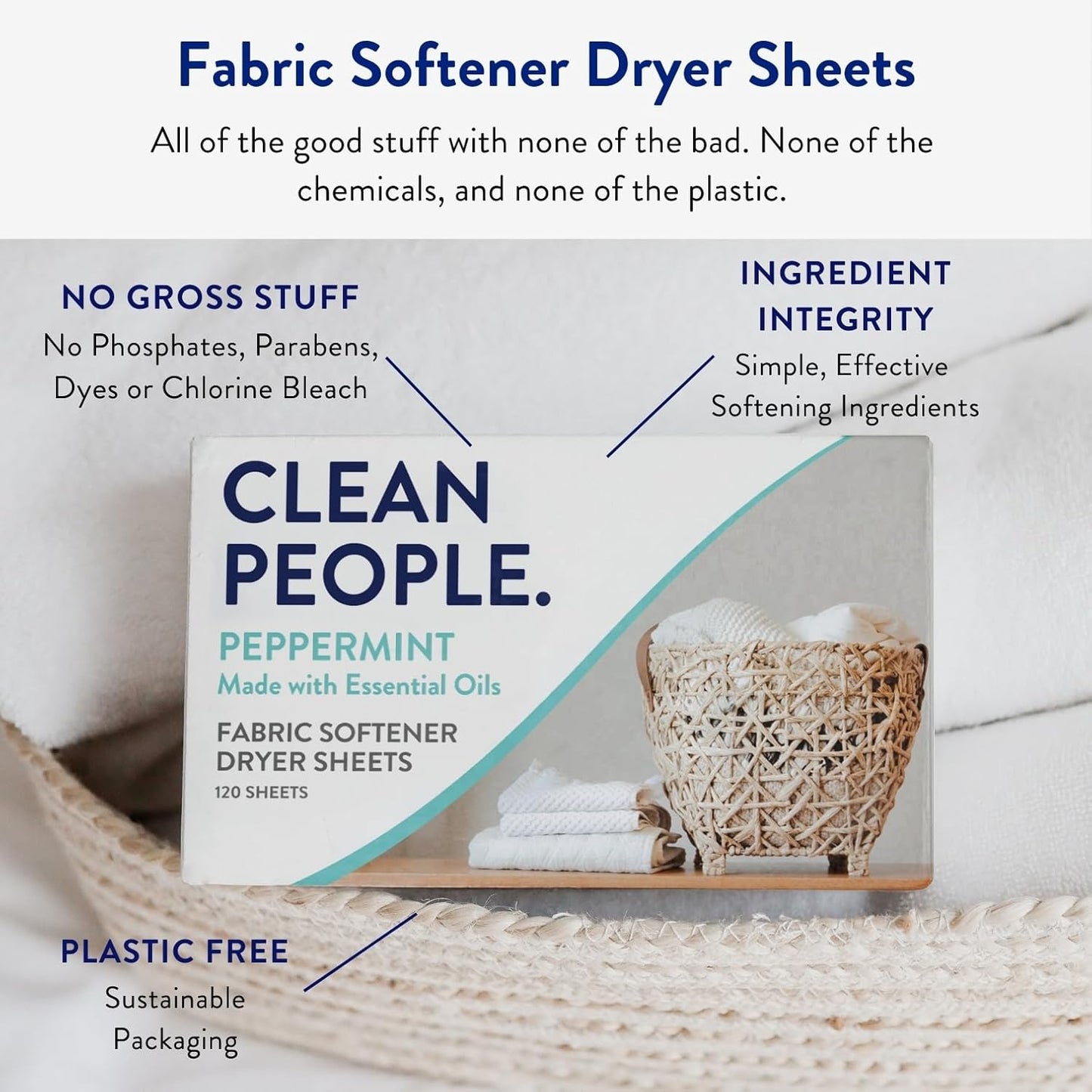 The Clean People Fabric Softener Sheets - Dryer Sheets - Softens & Removes Static Cling - Vegan Laundry Softener, Essential Oils - Peppermint 120 Pack