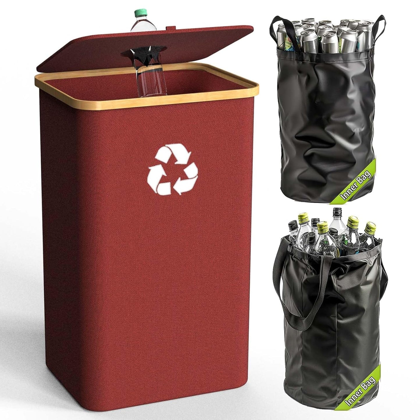 Recycling Bin for Kitchen Indoor Home, Large 100L/ 26 Gallon Recycle Bin with Lid Removeable Reusable Inner Bag Bottle Can Glass Waste Plastice Stickers (Red, 26 Gallon)