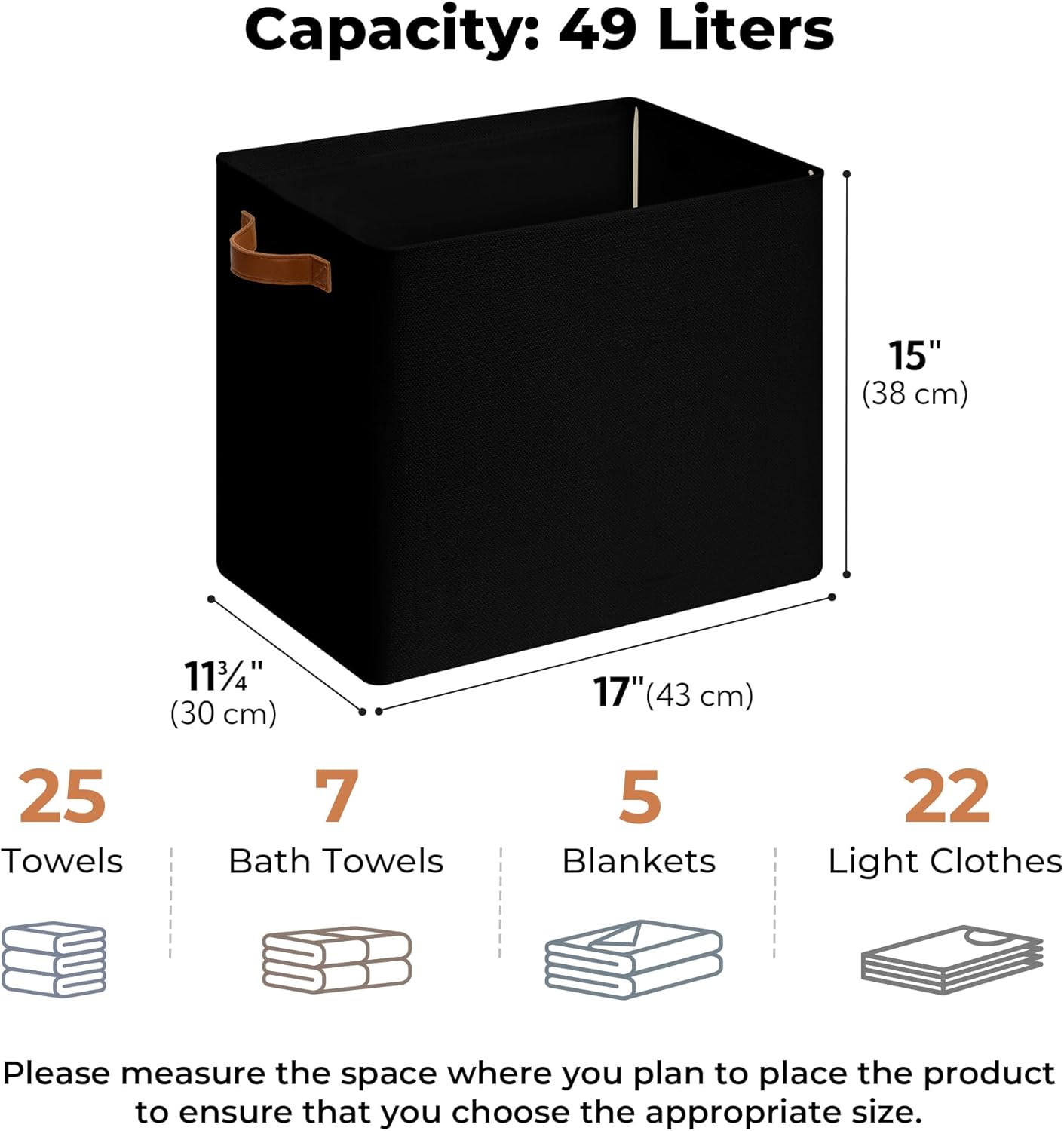 GRANNY SAYS Large Storage Baskets, Closet Storage Bins, Collapsible Storage Bin, Fabric Storage Bins with Metal Frame, Clothes Baskets for Shelves, Towels, Black, 50L, 3-Pack