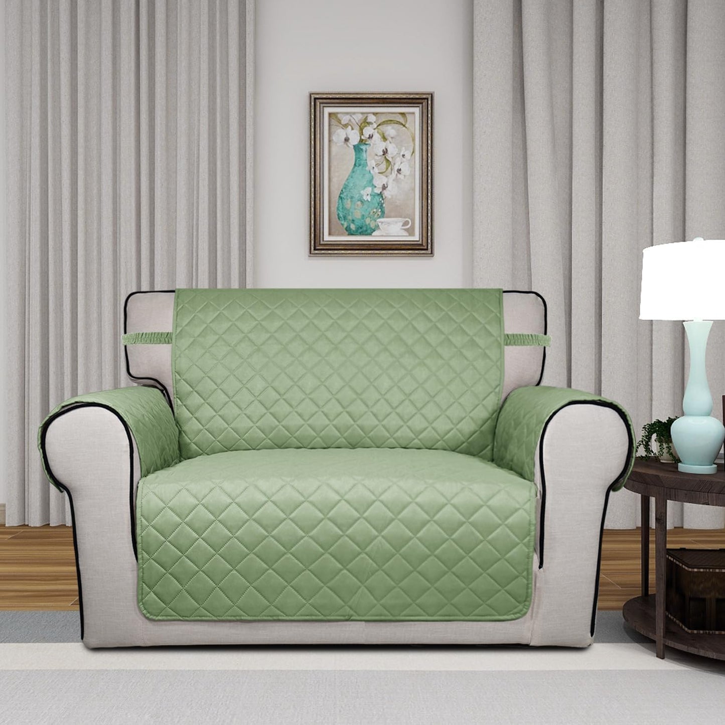 PureFit Reversible Quilted Sofa Cover, Water Resistant Slipcover Furniture Protector, Washable Couch Cover with Non Slip and Elastic Straps for Kids, Dogs (Oversized Chair, Sage Green/Ivory)