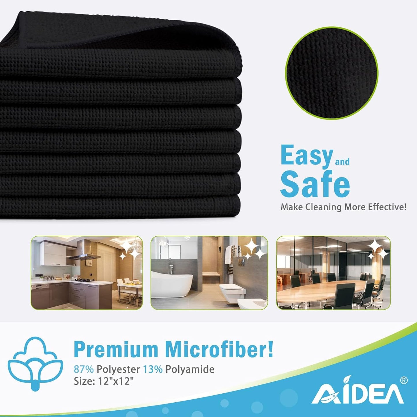 AIDEA Microfiber Cleaning Cloth-150PK, Soft Microfiber Towels for Cars, Absorbent Cleaning Rags, Lint-Free Streak-Free Wash Cloths for House, Kitchen, Window(12in.x12in), Black