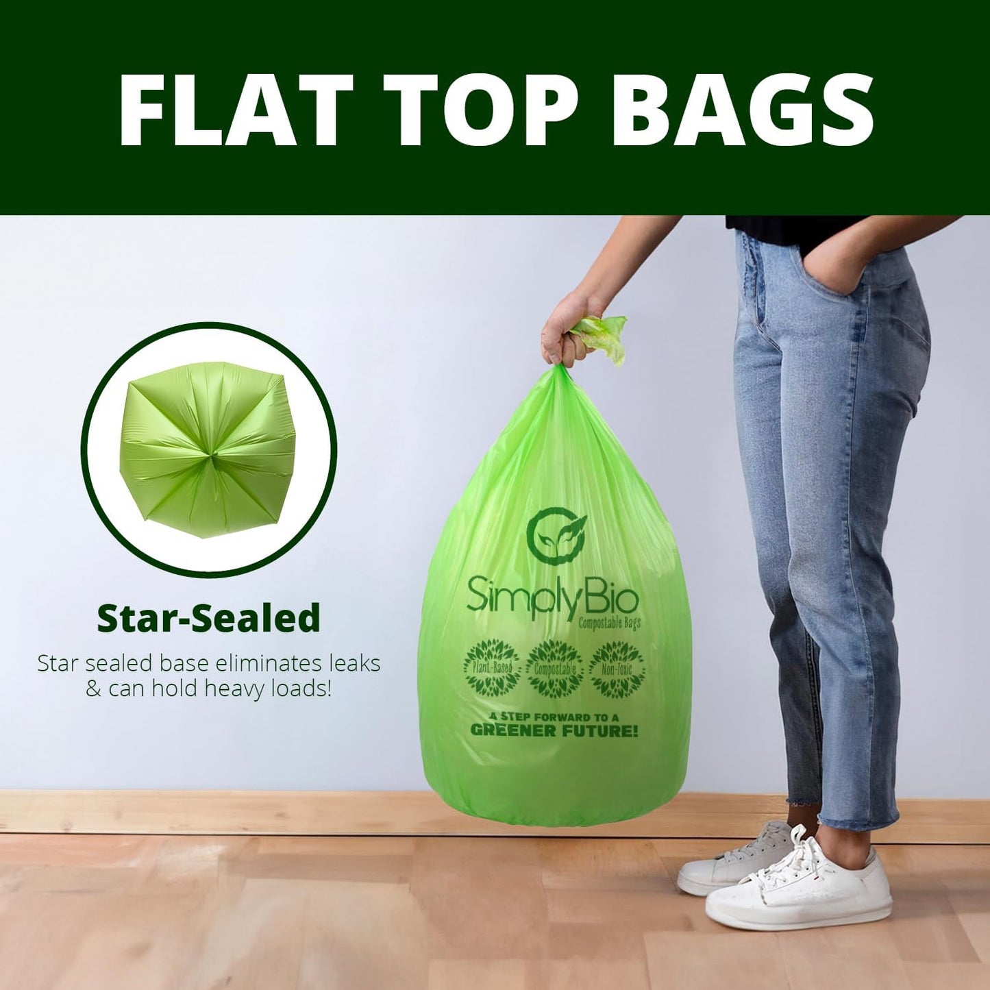 Simply Bio 13 Gallon Compostable Trash Bags Liners with Flat-Top, Thick 0.87 Mil, 49.21 Liter, 50 Bags, Tall Kitchen Food Scrap Waste Bag, ASTM D6400, US BPI and OK Compost Home Certified