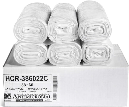 Aluf Plastics High Density Trash Bags, 60 Gallon, 150 Count, 22 Micron (eq), 38" x 60", Clear, for Bathroom, Office, Industrial, Commercial, Janitorial, Municipal, Recycling
