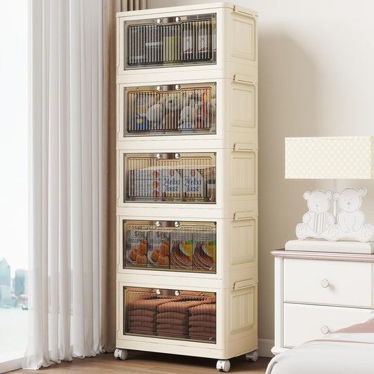 5 Tier - 48QT Storage Bins with Lids, Collapsible Storage Bins with Doors and Wheels, Plastic Storage Cabinet for Easy Storage and Organization for Living Room, Office