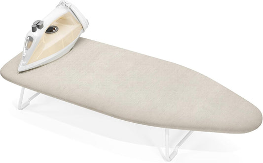 Small Ironing Board Tabletop with Heat Resistant Cover, Compact Mini Ironing Board with Metal mesh Frame, for dorms, aprtment and Travel, Hook for Hanging, Iron Board 30x12, Iron Table Stand Beige