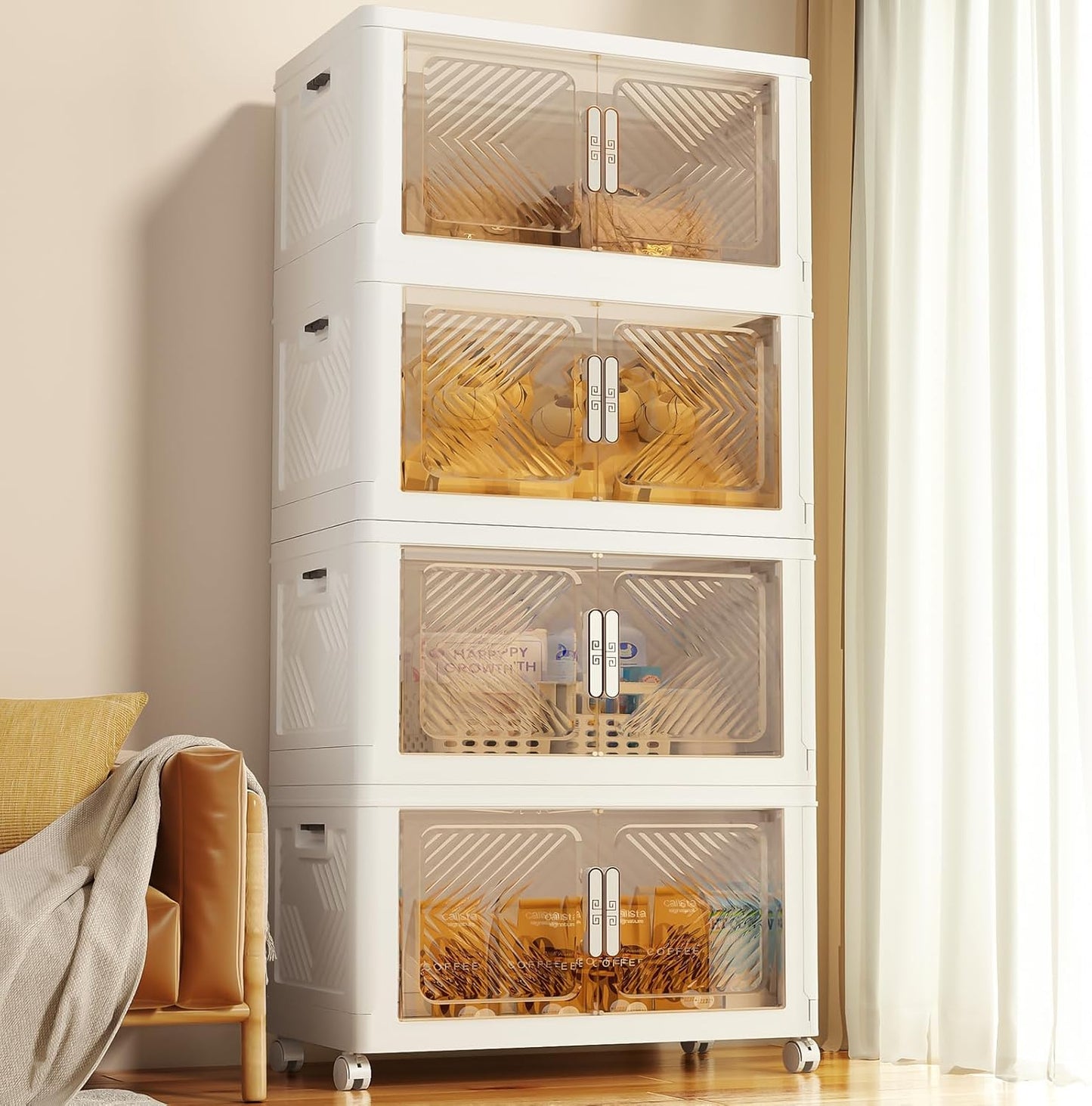 Storage Bins with Lid 120QT, Stackable Storage Containers with Wheels and Magnetic Doors, Plastic Clothes Closet Organizers and Storage Box for Pantry, Home and Office (4 Pack)