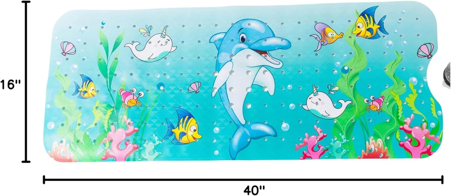 ENKOSI Bath Mat Long 40x16 – Non-Slip Bathtub Mat with Secure Suction Cups & Drain Holes with Fun Dolphin Design - Bathroom Shower Mat for Tub for Kids and Toddlers (Bath Dolphin)