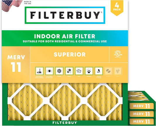 Filterbuy 25x25x1 Air Filter MERV 11 (MPR 1200) Allergen Defense Replacement (4-Pack), Electrostatic Pleated HVAC AC Furnace Filters, Made in USA (Actual Size: 24.50 x 24.50 x 0.75)