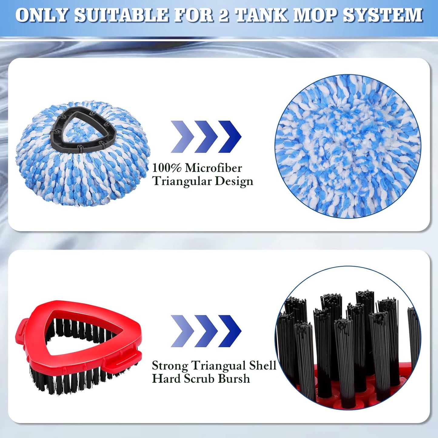 6 Pack Mop Replacement Heads Compatible with Oceda RinseClean 2-Tank System - Includes 2 Mop Scrub Brush Head, Microfiber Mop Refills, Easy Cleaning Mop Head Replacement