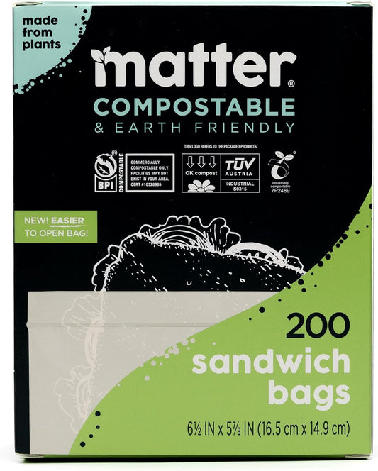 Matter Compostable Sandwich Bags for Food Storage, Eco-Friendly, Resealable, 200 Count